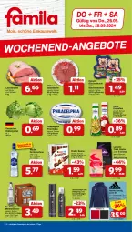 Gazetka promocyjna Famila - Prospekte - Gazetka - ważna od 28.09 do 28.09.2024 - strona 1 - produkty: Alwa, Bau, baumwolle, Becher, bohne, bohnen, braten, caffè crema, creme, eis, eisbergsalat, elle, flasche, frischkäse, Gorbatschow, haarspray, Käse, Kinder, kinder bueno, lachs, Lachsbraten, lavazza, mineralwasser, oder schaumfestiger, philadelphia, rama, rama cremefine, reinert, reis, salami, salat, schaumfestiger, schwarzkop, schwarzkopf, schwein, Taft, teller, Ti, wasser, wein, wiltmann, wodka, wolle, wurst, ZTE