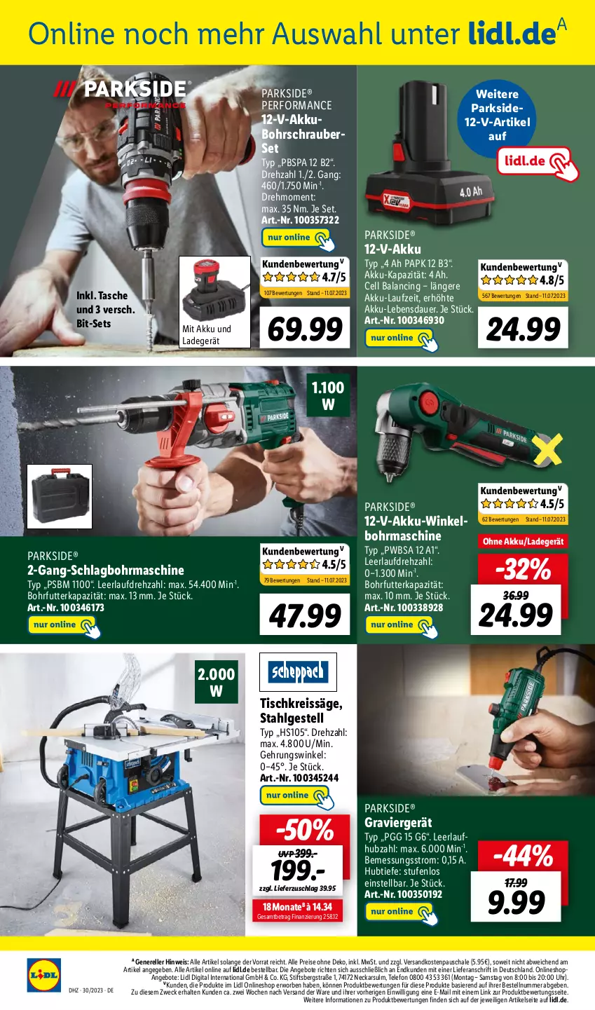 Aktueller Prospekt Lidl - Wochen-Highlights im Onlineshop - von 24.07 bis 30.07.2023 - strona 2 - produkty: akku, angebot, angebote, auer, Bohrschrauber, cin, eis, elle, gsw, ladegerät, LG, ndk, Parkside, reis, reiss, rel, säge, Schal, Schale, schlagbohrmaschine, Tasche, telefon, Ti, tisch, Tischkreissäge, uhr, weck