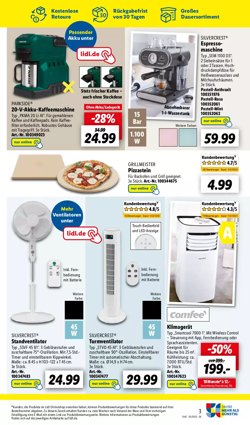 Aktueller Prospekt Lidl - Wochen-Highlights im Onlineshop - von 24.07 bis 30.07.2023 - strona 5 - produkty: akku, auer, auto, backofen, backofen und, batterie, eis, ente, espresso, fernbedienung, grill, kaffee, kaffeemaschine, kaffeepads, klimagerät, korb, ladegerät, Meister, milch, mint, Ofen, Parkside, pizza, rel, rum, Schal, silvercrest, Spektrum, standventilator, steckdose, tasse, Ti, timer, tisch, tragegriff, turmventilator, ventilator, wasser, wassertank, weck