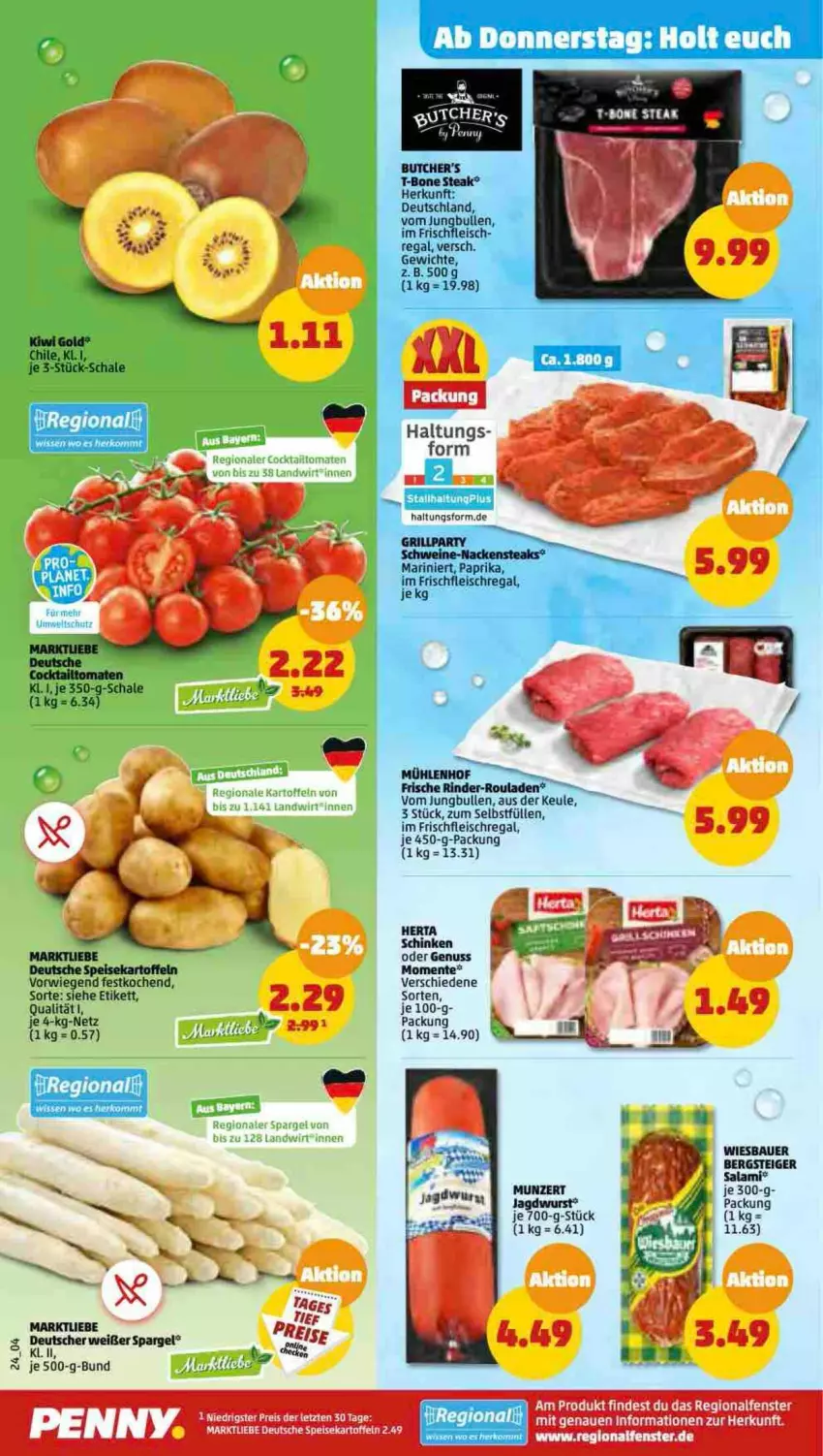 Aktueller Prospekt Penny - Prospekte - von 24.04 bis 29.04.2023 - strona 24 - produkty: auer, Bau, Bauer, butcher's, eis, ente, fenster, fleisch, herta, jagdwurst, jungbullen, kartoffel, kartoffeln, kiwi, Kiwi Gold, nuss, paprika, regal, reis, rind, rinder, rinder-rouladen, rouladen, salami, Schal, Schale, schinken, spargel, speisekartoffeln, steak, T-Bone Steak, Ti, wiesbauer, wurst