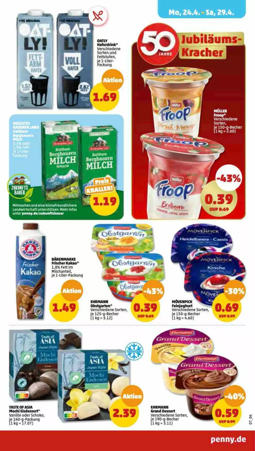 Aktueller Prospekt Penny - Prospekte - von 24.04 bis 29.04.2023 - strona 7 - produkty: auer, Bau, Bauer, Becher, drink, ehrmann, feinjoghurt, Garten, hafer, Haferdrink, joghur, joghurt, kakao, milch, mövenpick, obst, obstgarten, schoko, vanille