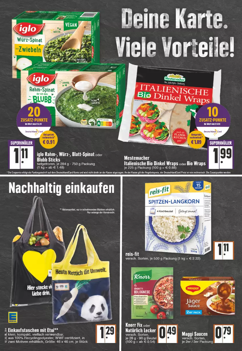 Aktueller Prospekt Edeka - Angebote der Woche - von 21.03 bis 26.03.2022 - strona 14 - produkty: angebot, angebotspreis, beutel, bio, bolognese, Clin, deutschlandcard, Einkaufstasche, eis, erde, iglo, knorr, knorr fix, kochbeutel, LG, mac, maggi, mestemacher, rahm-spinat, reis, rwe, sauce, saucen, spinat, Tasche, taschen, tee, Ti, wrap, wraps