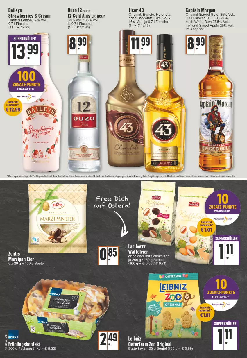 Aktueller Prospekt Edeka - Angebote der Woche - von 21.03 bis 26.03.2022 - strona 16 - produkty: Amber, angebot, Apple, baileys, beutel, butter, butterkeks, Cap, captain morgan, cola, deka, eier, elle, flasche, gin, keks, lambertz, licor, licor 43, liqueur, marzipan, original spiced gold, ouzo, ouzo 12, rum, schoko, schokolade, Ti, white rum