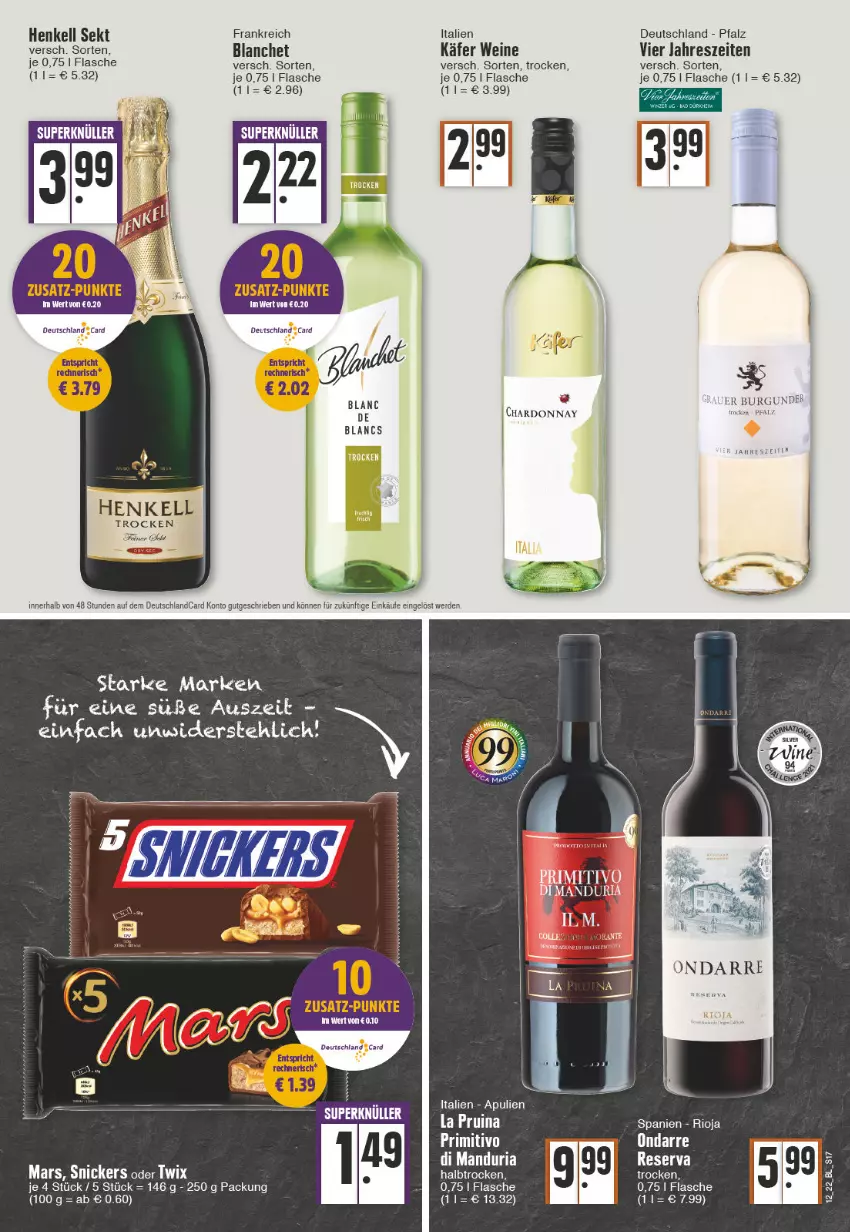 Aktueller Prospekt Edeka - Angebote der Woche - von 21.03 bis 26.03.2022 - strona 17 - produkty: burgunder, de blancs, deutschlandcard, ente, erde, flasche, henkel, henkell, henkell sekt, käfer, mars, oder twix, Ria, rioja, sekt, snickers, tee, Ti, twix, wein, weine, WICK