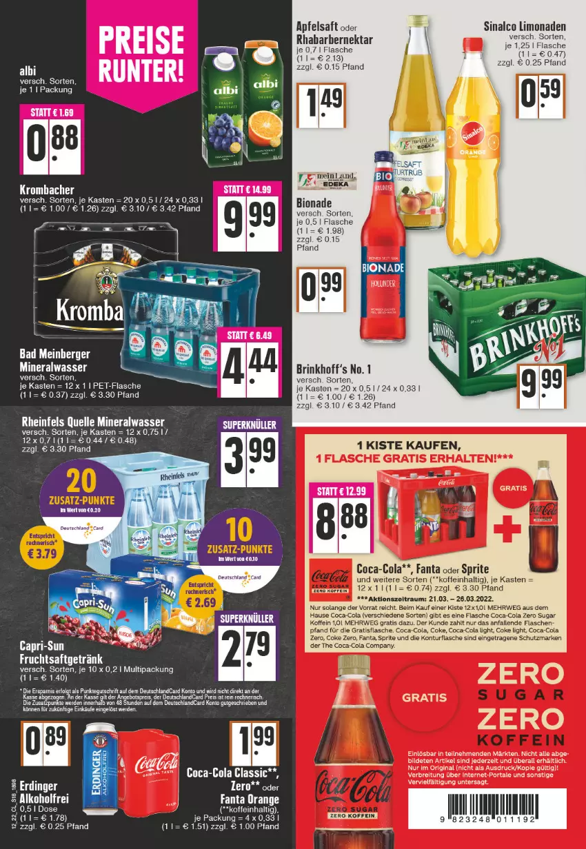 Aktueller Prospekt Edeka - Angebote der Woche - von 21.03 bis 26.03.2022 - strona 18 - produkty: Alwa, apfel, apfelsaft, Bad, Berger, bio, bionade, Brei, Cap, capri-sun, coca-cola, cola, deutschland card, elle, erde, fanta, fanta oder, fanta oder sprite, flasche, frucht, fruchtsaft, fruchtsaftgetränk, getränk, gin, krombache, krombacher, limo, limonade, limonaden, mineralwasser, Nektar, oder sprite, orange, pet-flasche, rel, rhabarber, rheinfels quelle, rwe, saft, sinalco, sprite, Ti, wasser