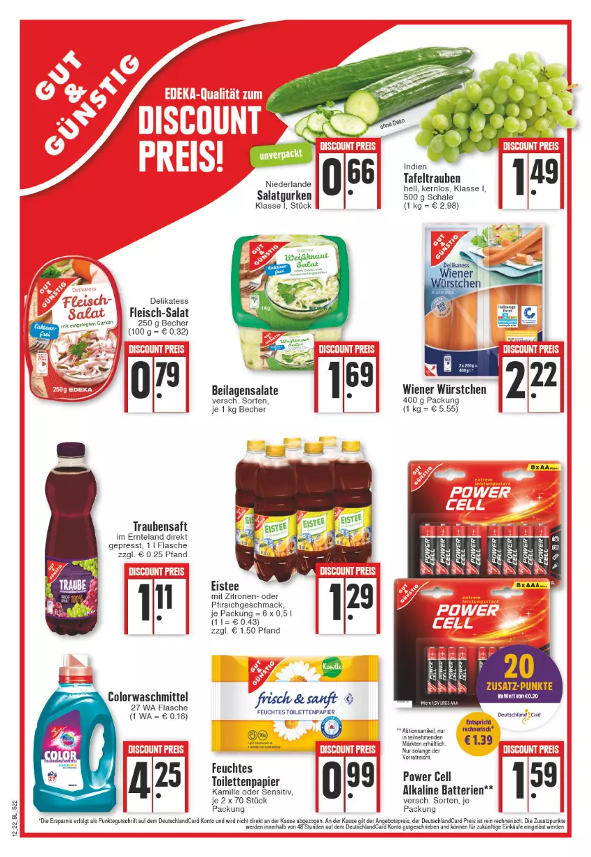 Aktueller Prospekt Edeka - Angebote der Woche - von 21.03 bis 26.03.2022 - strona 22 - produkty: angebot, angebotspreis, batterie, batterien, Becher, colorwaschmittel, deutschlandcard, eis, eistee, Elan, erde, flasche, fleisch, gurke, gurken, ilag, Kamill, kamille, LG, mac, papier, pfirsich, reis, saft, salat, salate, Salatgurke, salatgurken, Schal, Schale, tafeltrauben, tee, Ti, toilettenpapier, trauben, Traubensaft, waschmittel, wiener, wiener würstchen, würstchen, zitrone, zitronen