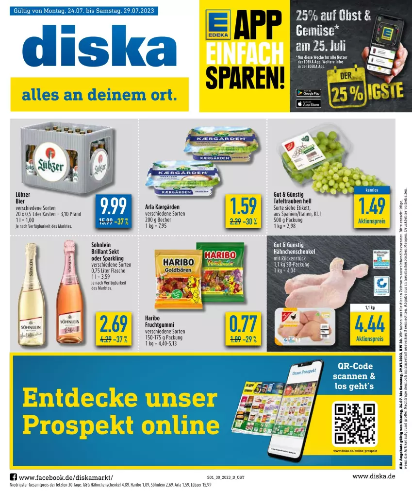 Aktueller Prospekt Diska - Prospekte - von 24.07 bis 29.07.2023 - strona 1 - produkty: angebot, angebote, arla, Becher, bier, brillant sekt, deka, eis, flasche, frucht, fruchtgummi, hähnchenschenkel, haribo, henkel, Lübzer, reis, schenkel, sekt, söhnlein, söhnlein brillant, tafeltrauben, Ti, trauben, ZTE