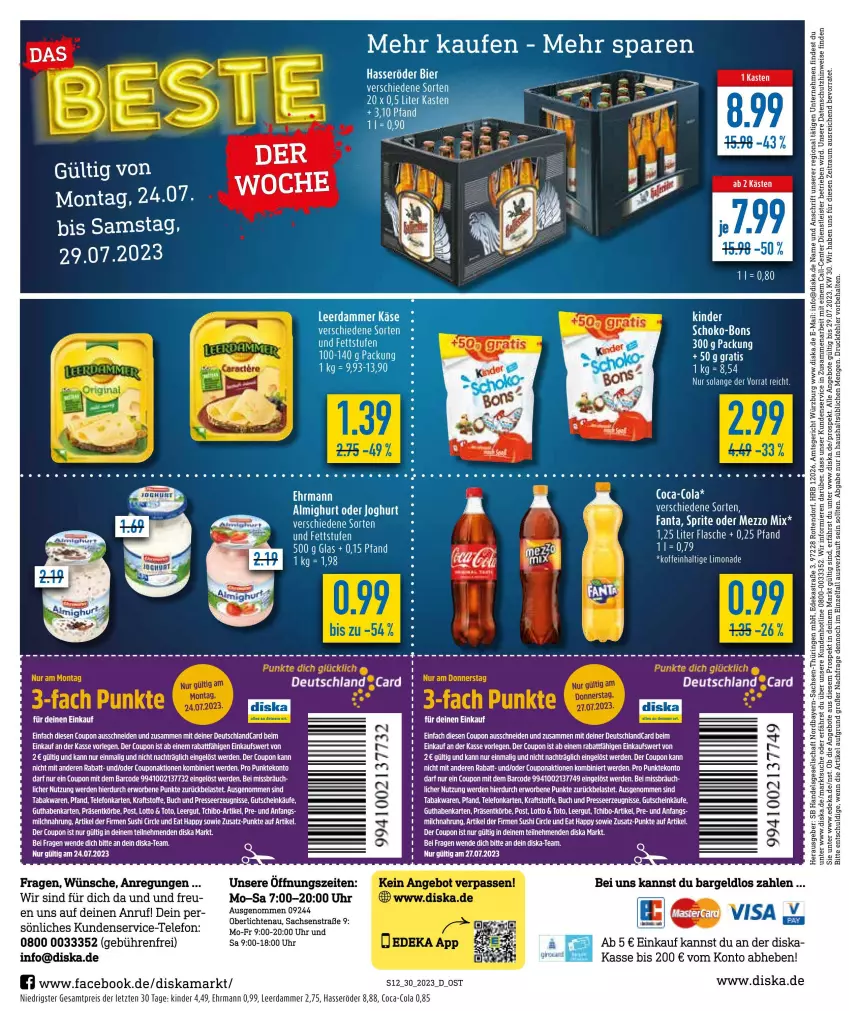 Aktueller Prospekt Diska - Prospekte - von 24.07 bis 29.07.2023 - strona 12 - produkty: almighur, almighurt, angebot, angebote, Astra, Bank, bier, buch, coca-cola, cola, coupon, deka, deutschland card, ehrmann, eis, ente, erde, fanta, flasche, guthabenkarte, gutschein, hasseröder, joghur, joghurt, Kinder, kraft, leerdammer, LG, limo, limonade, Mezzo Mix, reis, rel, ring, sac, schoko, schoko-bons, sprite, Tchibo, tee, telefon, Ti, uhr, ZTE