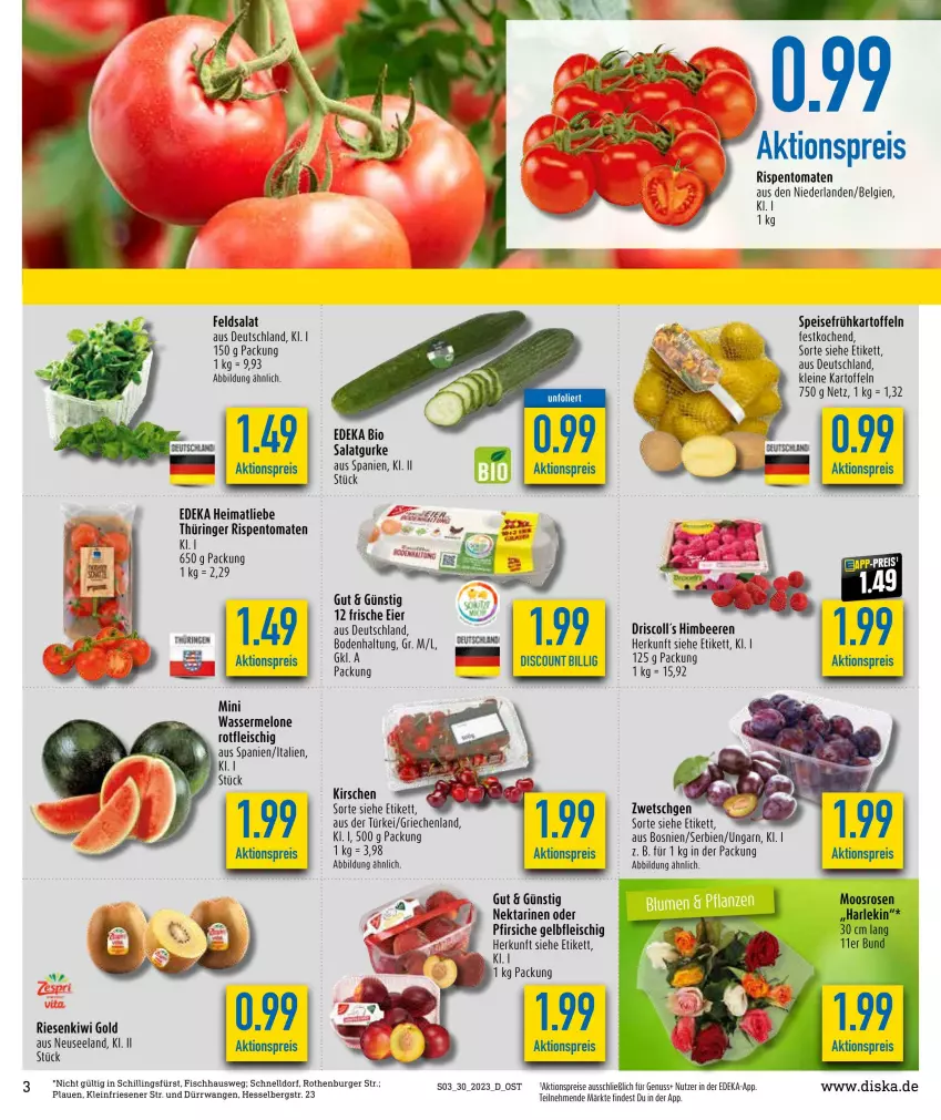 Aktueller Prospekt Diska - Prospekte - von 24.07 bis 29.07.2023 - strona 3 - produkty: aktionspreis, beere, beeren, bio, burger, deka, discount, edeka bio, eier, eis, feldsalat, fisch, fleisch, Frühkartoffeln, gurke, himbeer, himbeere, himbeeren, kartoffel, kartoffeln, kirsch, kirsche, kirschen, kiwi, Kiwi Gold, leine, LG, melone, Nektar, nektarinen, nektarinen oder, nuss, pfirsich, pfirsiche, reis, ring, rispentomaten, salat, Salatgurke, speisefrühkartoffeln, tee, Ti, tomate, tomaten, wasser, wassermelone