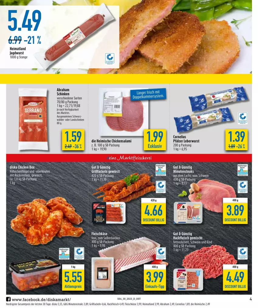 Aktueller Prospekt Diska - Prospekte - von 24.07 bis 29.07.2023 - strona 4 - produkty: aktionspreis, discount, eis, fleisch, fleischkäse, gewürz, grill, grillfackeln, hackfleisch, hähnchenflügel, jagdwurst, Käse, kerze, landschinken, leberwurst, minutensteaks, reis, salami, schinken, schwein, steak, steaks, Ti, wein, wurst, ZTE