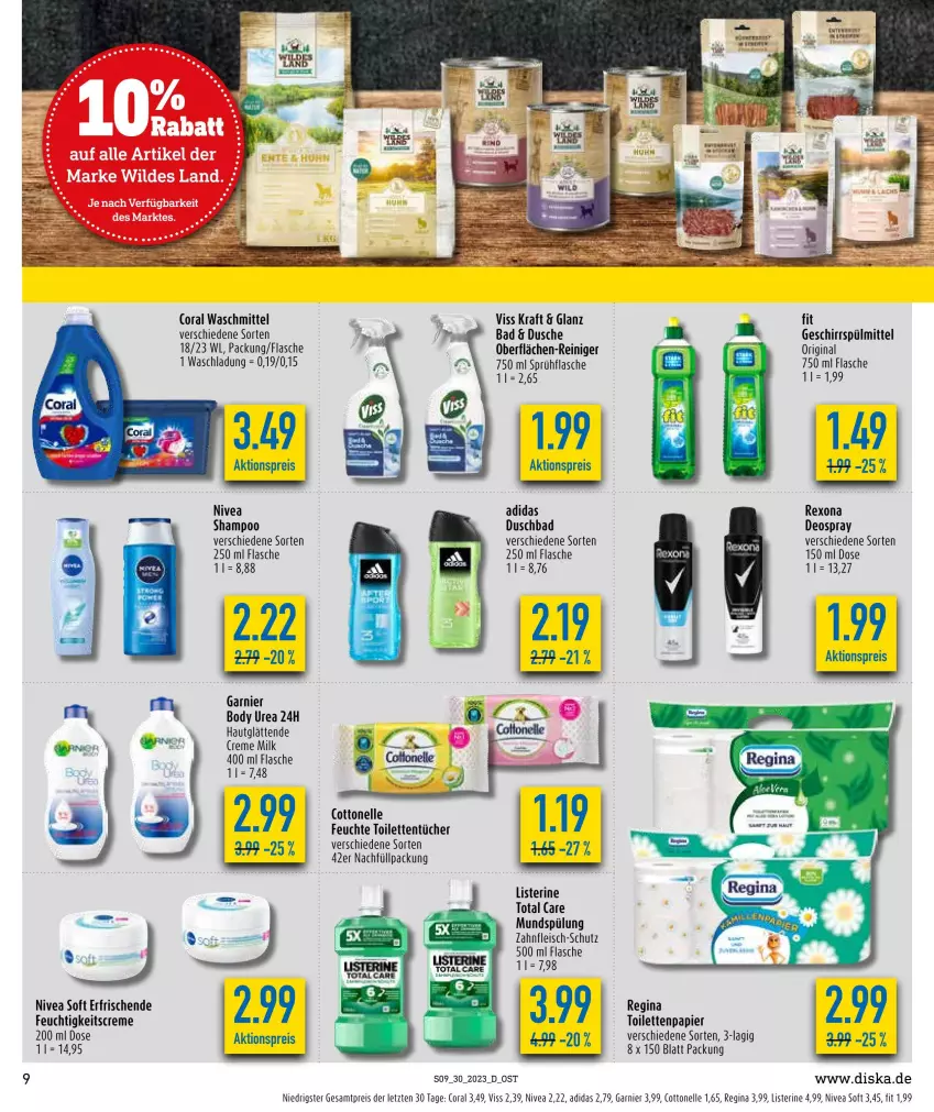 Aktueller Prospekt Diska - Prospekte - von 24.07 bis 29.07.2023 - strona 9 - produkty: Adidas, aktionspreis, Bad, body, Coral, cottonelle, creme, deo, deospray, duschbad, dusche, eis, elle, feuchtigkeitscreme, flasche, fleisch, garnier, geschirr, geschirrspülmittel, gin, kraft, listerine, mundspülung, nivea, papier, reiniger, reis, rexona, shampoo, sprühflasche, spülmittel, spülung, Ti, toilettenpapier, toilettentücher, total care, tücher, waschmittel, ZTE