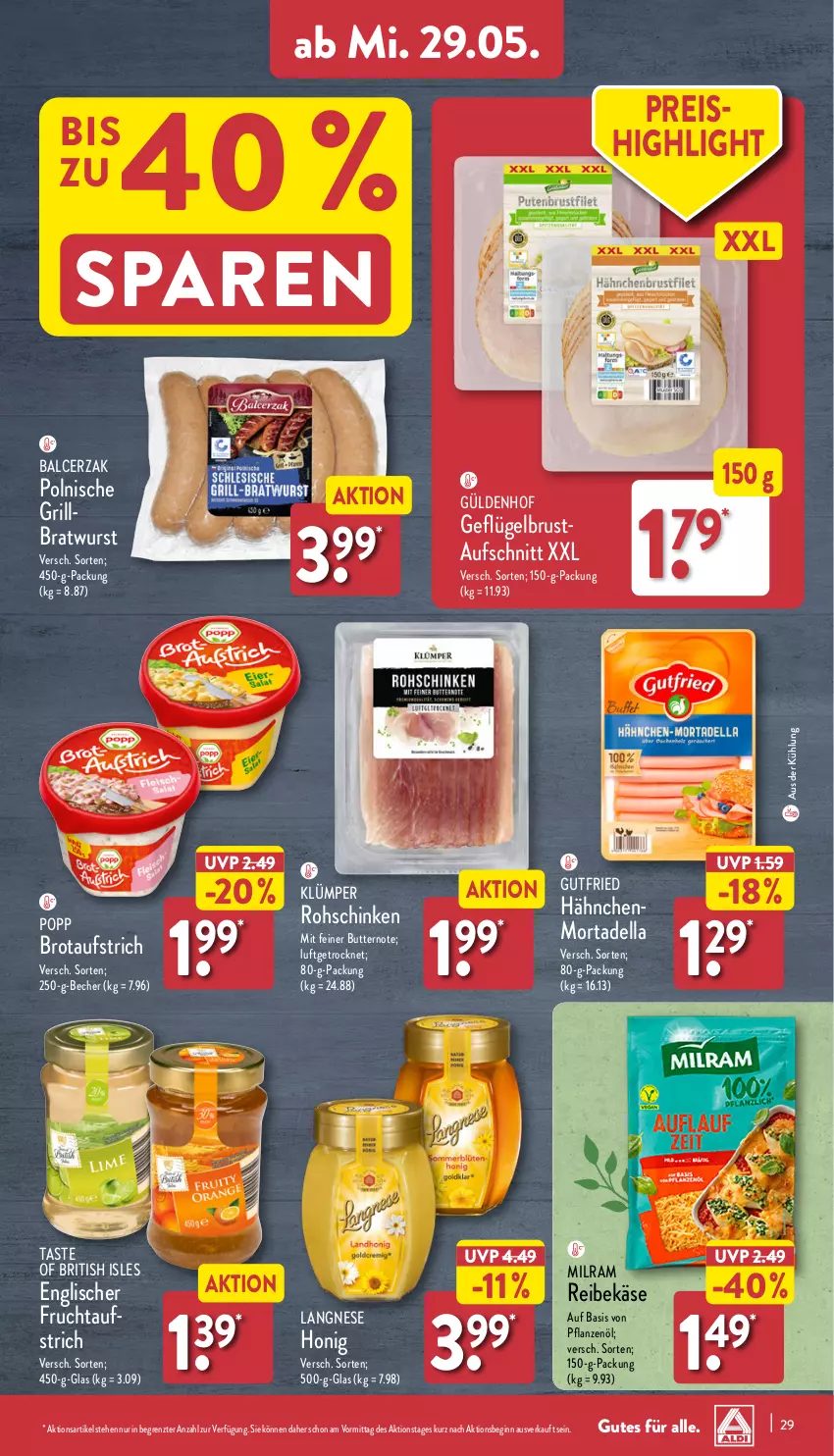 Aktueller Prospekt Aldi Nord - Von Montag - von 27.05 bis 01.06.2024 - strona 29 - produkty: aufschnitt, aufstrich, Becher, bratwurst, brot, brotaufstrich, butter, dell, eis, frucht, fruchtaufstrich, Geflügel, gin, grill, grillbratwurst, gutfried, honig, Käse, langnese, milram, mortadella, pflanze, pflanzen, Pflanzenöl, Popp, Reibekäse, reis, rohschinken, schinken, Ti, wurst, ZTE