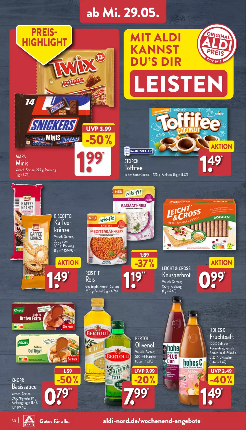 Aktueller Prospekt Aldi Nord - Von Montag - von 27.05 bis 01.06.2024 - strona 30 - produkty: aldi, angebot, angebote, bertolli, beutel, biscotto, brot, coconut, eis, elle, flasche, frucht, fruchtsaft, Hohes C, kaffee, knorr, mars, olive, oliven, olivenöl, reis, reis-fit, saft, sauce, storck, teller, Ti, toffifee