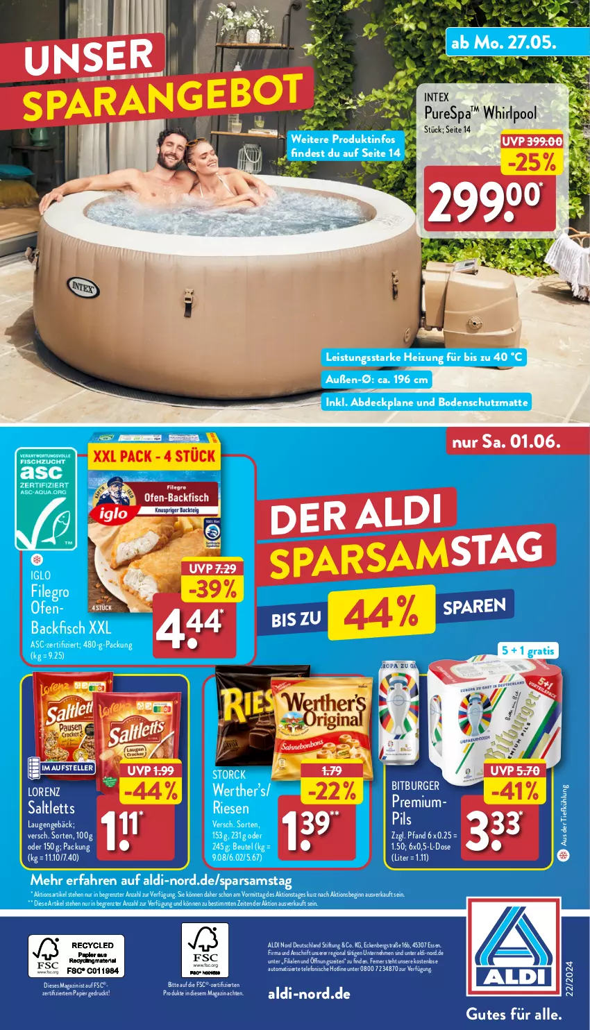 Aktueller Prospekt Aldi Nord - Von Montag - von 27.05 bis 01.06.2024 - strona 43 - produkty: abdeckplane, aldi, angebot, aus der tiefkühlung, auto, backfisch, beutel, bitburger, burger, eis, elle, filegro, fisch, gin, iglo, lorenz, magazin, Ofen, papier, pils, pool, saltletts, storck, telefon, teller, Ti, Whirlpool, ZTE