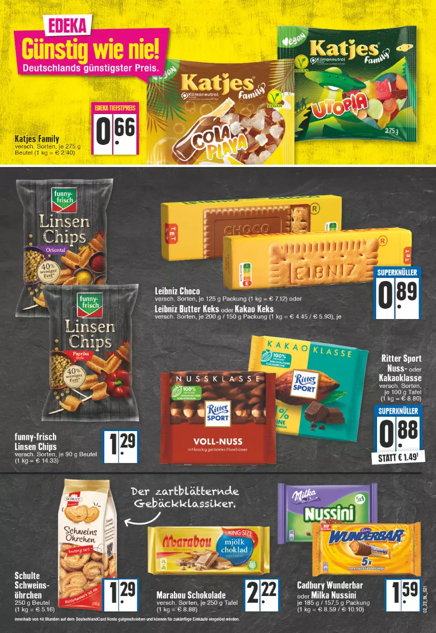 Aktueller Prospekt Edeka - Angebote der Woche - von 02.01 bis 07.01.2023 - strona 21 - produkty: aeg, beutel, chips, erde, kakao, Marabou, nuss, ritter, ritter sport, schoko, schokolade, schwein, Sport, Ti, wein