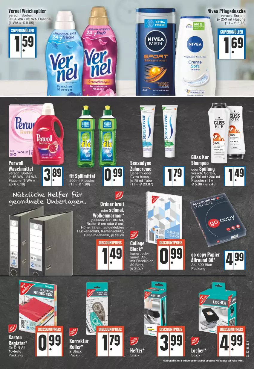 Aktueller Prospekt Edeka - Angebote der Woche - von 02.01 bis 07.01.2023 - strona 23 - produkty: Brei, creme, din a4, discount, dusche, eis, elle, flasche, nivea, pflegedusche, reis, Roller, sensodyne, shampoo, spülung, Ti, vernel, waschmittel, weichspüler, zahncreme