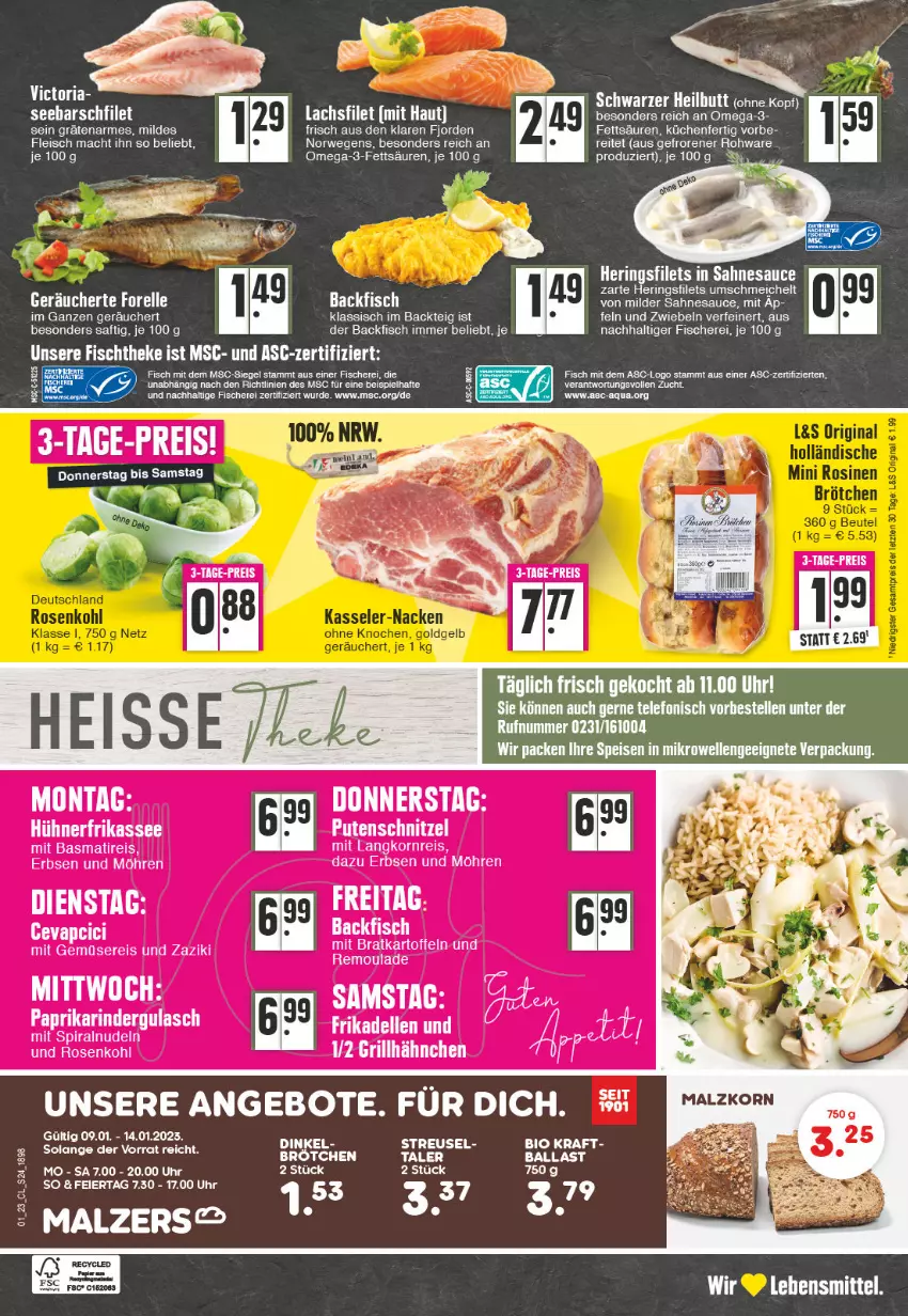 Aktueller Prospekt Edeka - Angebote der Woche - von 02.01 bis 07.01.2023 - strona 24 - produkty: angebot, angebote, backfisch, basmati, eier, eis, elle, ente, erbsen, filet, filets, fisch, fische, Fischer, fleisch, forelle, grill, grillhähnchen, gulasch, hering, Herings, heringsfilets, hühner, kartoffel, kartoffeln, korn, küche, Küchen, lachs, lachsfilet, Langkornreis, mac, malz, mit gemüse, möhren, nerf, nudel, nudeln, omega, Omega-3, papier, paprika, pute, putenschnitzel, reis, rel, remoulade, Ria, rind, rinder, rindergulasch, ring, rosen, Rosenkohl, rwe, saft, sahne, sauce, Schere, schnitzel, telefon, Ti, uhr, zaziki, zwiebel, zwiebeln