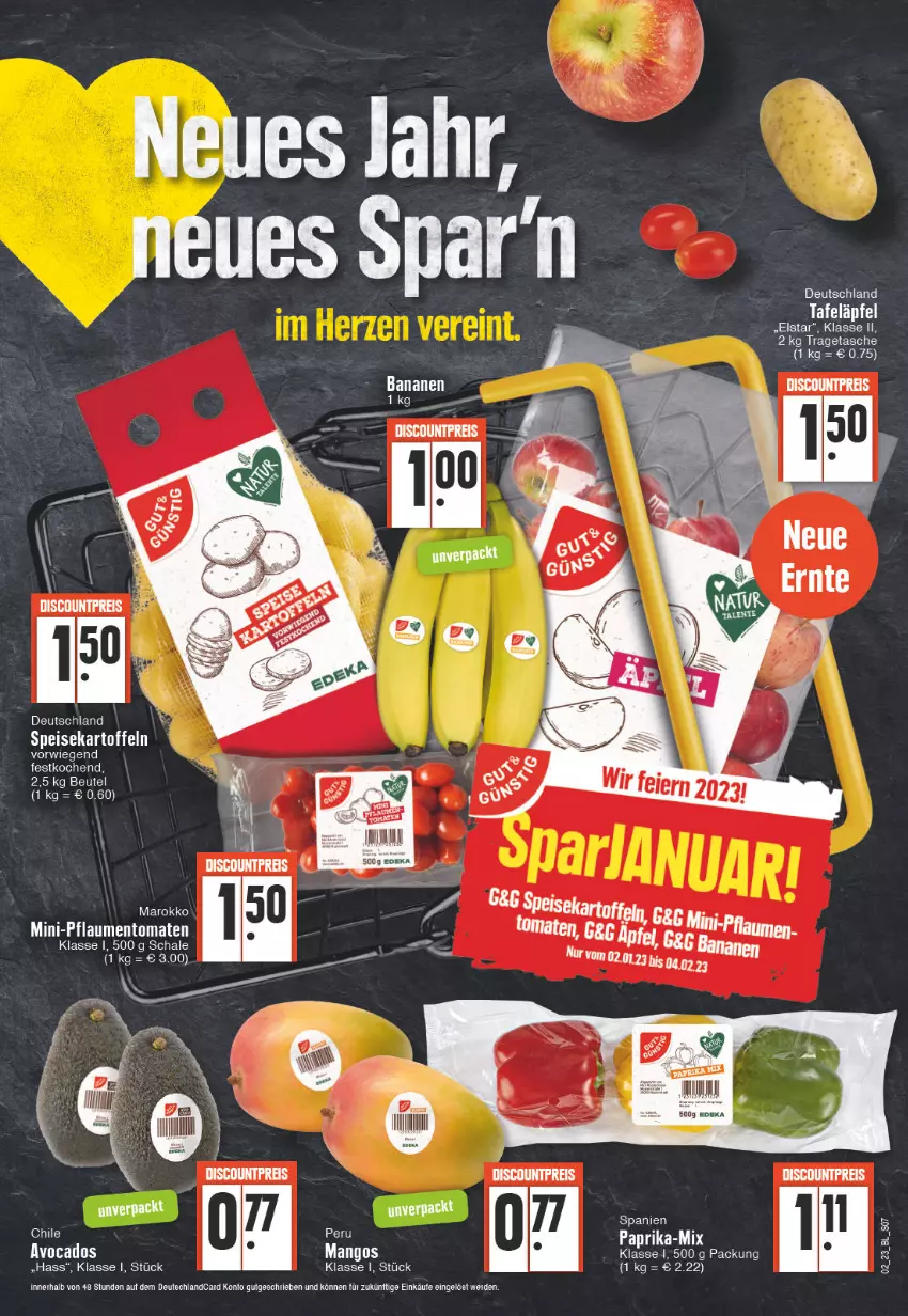 Aktueller Prospekt Edeka - Angebote der Woche - von 02.01 bis 07.01.2023 - strona 7 - produkty: avocado, avocados, banane, bananen, beutel, discount, eis, erde, kartoffel, kartoffeln, mango, mangos, paprika, pflaume, pflaumen, reis, Schal, Schale, speisekartoffeln, tafeläpfel, Tasche, tee, Ti, tomate, tomaten, tragetasche