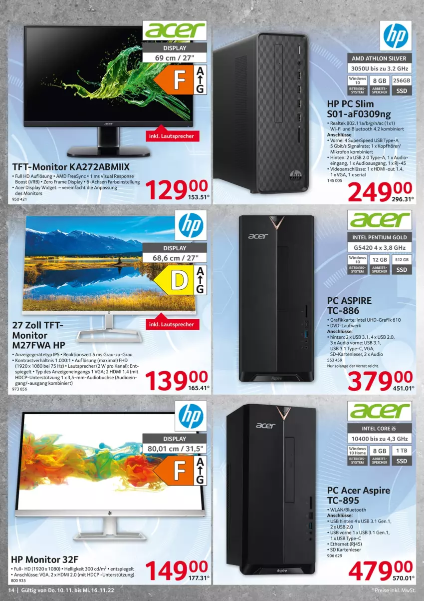 Aktueller Prospekt Selgros - Non Food - von 10.11 bis 16.11.2022 - strona 14 - produkty: acer, buch, deo, dvd, HDMI, HP, Intel, kopfhörer, lautsprecher, monitor, Pentium, Ria, Signal, spee, spiegel, Ti, uhd, usb