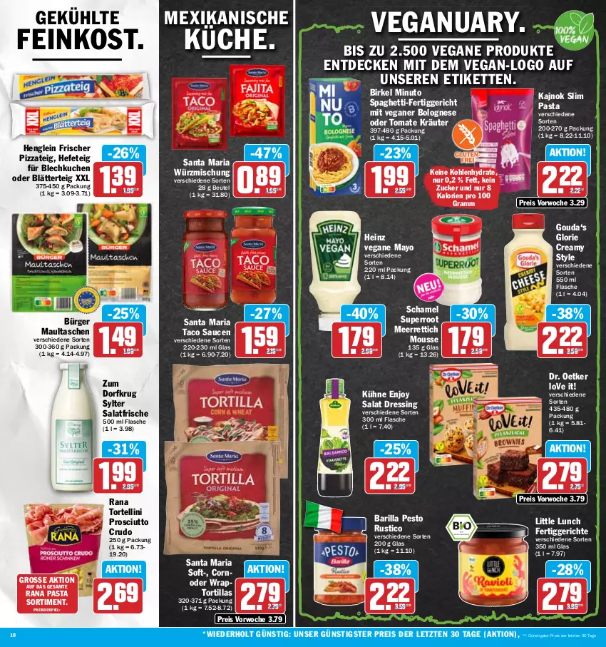 Aktueller Prospekt Hit - Wochenprospekt - von 22.01 bis 27.01.2024 - strona 10 - produkty: barilla, beutel, birkel, blätterteig, bolognese, decke, Dr. Oetker, dressing, eis, feinkost, fertiggericht, fertiggerichte, flasche, gouda, Hefe, heinz, henglein, Kette, kräuter, kuchen, Kühne, maultaschen, meerrettich, mousse, pasta, pesto, pizza, Pizzateig, prosciutto, prosciutto crudo, Rana, reis, Rettich, Ria, salat, sauce, saucen, schamel, spaghetti, Sylter, Tasche, taschen, Ti, tomate, torte, tortellini, tortilla, tortillas, wrap, Yo, ZTE, zucker, Zum Dorfkrug