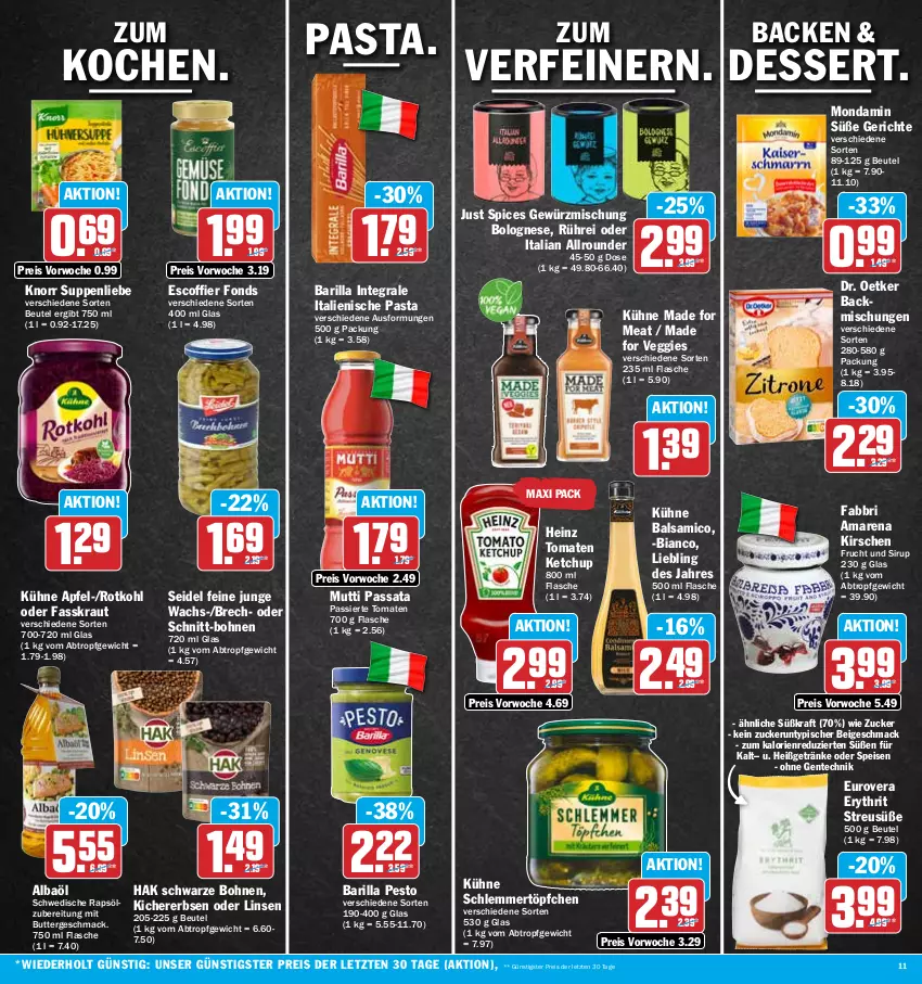 Aktueller Prospekt Hit - Wochenprospekt - von 22.01 bis 27.01.2024 - strona 11 - produkty: apfel, backmischung, Backmischungen, balsam, balsamico, barilla, beutel, bohne, bohnen, bolognese, butter, dessert, Dr. Oetker, eis, ente, erbsen, flasche, frucht, getränk, getränke, gewürz, Gewürzmischung, heinz, italienische pasta, ketchup, kichererbsen, kirsch, kirsche, kirschen, knorr, kraft, Kraut, Kühne, linsen, mac, mondamin, Mutti, pasta, pesto, rapsöl, reis, rotkohl, schlemmertöpfchen, sirup, suppe, suppen, suppenliebe, Ti, tomate, tomaten, tomaten ketchup, Töpfchen, veggie, ZTE, zucker