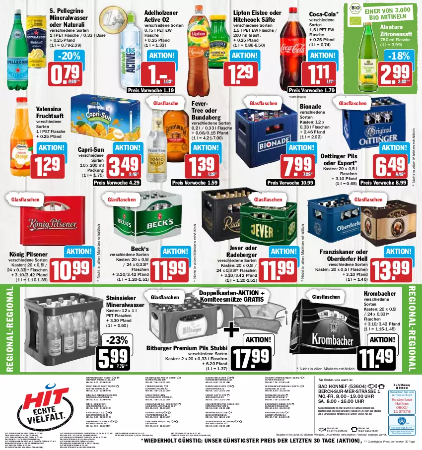 Aktueller Prospekt Hit - Wochenprospekt - von 22.01 bis 27.01.2024 - strona 16 - produkty: adelholzener, Alwa, angebot, angebote, auer, Bad, Berger, bio, bionade, bitburger, braun, Bundaberg, burger, Cap, capri-sun, coca-cola, cola, eimer, eis, eistee, elle, Engel, fisch, flasche, franziskaner, frucht, fruchtsaft, glasflasche, Holz, jever, könig pilsener, krombache, krombacher, lipton, Lübecker, mineralwasser, Mütze, natur, natura, oettinger, pils, pilsener, premium pils, radeberger, Rauch, reis, saft, säfte, Steinsieker, tee, Ti, uhr, valensina, wasser, zitrone, zitronen, zitronensaft, ZTE