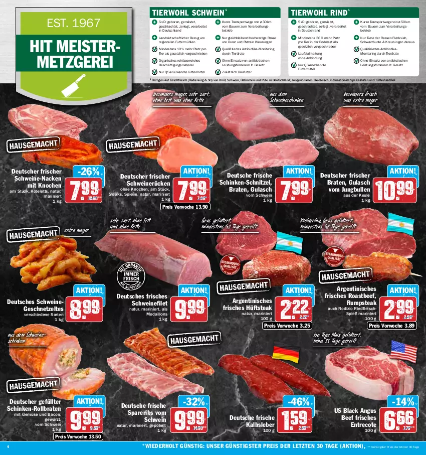 Aktueller Prospekt Hit - Wochenprospekt - von 22.01 bis 27.01.2024 - strona 4 - produkty: auer, bacon, Bau, Bauer, beef, bio, braten, eis, filet, fleisch, Geflügel, geschnetzeltes, gewürz, gulasch, hüftsteak, jungbullen, Kalbsleber, Kette, kotelett, lack, mais, medaillons, Meister, mit gemüse, monitor, natur, pute, reis, Ria, rind, rindfleisch, ring, roastbeef, rollbraten, rum, rumpsteak, schinken, schnitzel, schwein, schweine, schweinefilet, schweinerücken, spareribs, Spezi, Sport, steak, steaks, Ti, Tiere, tisch, wein, weine, Zelt, ZTE