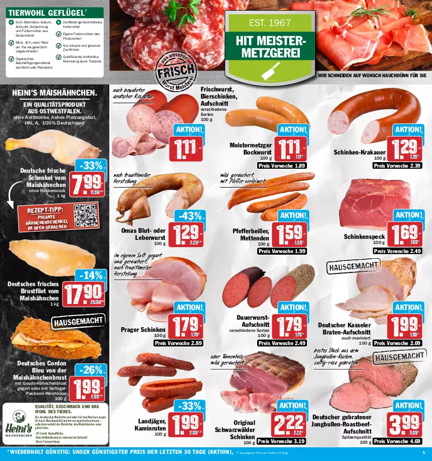 Aktueller Prospekt Hit - Wochenprospekt - von 22.01 bis 27.01.2024 - strona 5 - produkty: angebot, Astra, auer, aufschnitt, Bau, Bauer, beef, bier, bierschinken, bio, bockwurst, braten, brustfilet, cordon bleu, eis, elle, ente, erde, filet, fleisch, geback, Geflügel, gin, gouda, hähnchenbrust, hähnchenschenkel, henkel, Holz, jungbullen, Kamin, Käse, kasseler, krakauer, landjäger, leberwurst, mac, mais, Meister, Mett, metten, Mettenden, mit gouda, monitor, nuss, Ofen, pastrami, pfeffer, Pfefferbeißer, reis, rezept, Ria, ring, roastbeef, saft, schenkel, schinken, schinkenspeck, schwarzwälder schinken, Speck, spitzenqualität, Sport, Ti, Tiere, weichkäse, wurst, ZTE