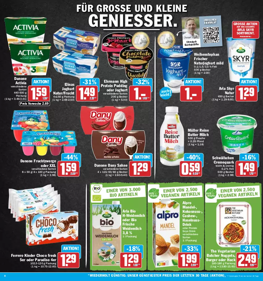 Aktueller Prospekt Hit - Wochenprospekt - von 22.01 bis 27.01.2024 - strona 8 - produkty: activia, alpro, arla, arla skyr, Becher, bio, burger, butter, Cashew, choco fresh, creme, danone, danone activia, danone fruchtzwerge, Dany, dany sahne, drink, ehrmann, eier, eiersalat, eis, elinas, elinas joghurt, ferrero, flasche, frucht, fruchtzwerge, haselnuss, Haselnussdrink, joghur, joghurt, joghurt mild, Kinder, Kinder Choco fresh, kokos, kokosnuss, leine, mandel, milch, Müller, natur, naturjoghurt, nuggets, nuss, Nussdrink, pudding, quark, reis, Ria, sahne, salat, Skyr, soya, ssd, The Vegetarian Butcher, Ti, Vegeta, weidemilch, weihenstephan, ZTE