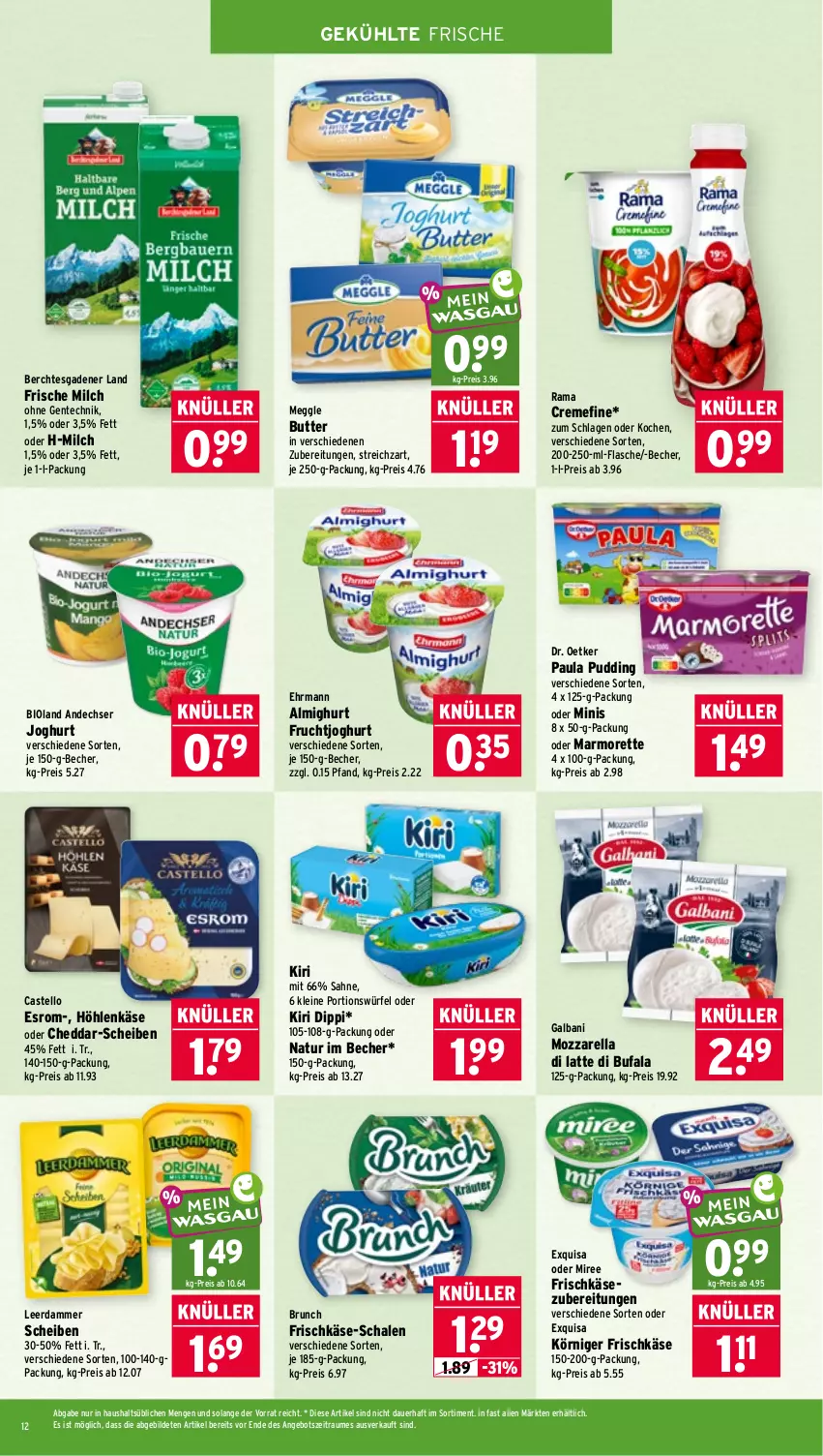Aktueller Prospekt Wasgau - von 26.10 bis 31.10.2026 - strona 12 - produkty: almighur, almighurt, angebot, auer, Becher, bio, bioland, butter, cheddar, creme, di bufala, dip, Dr. Oetker, ehrmann, eis, ente, esrom, exquisa, flasche, frische milch, frischkäse, frischkäsezubereitung, frucht, fruchtjoghurt, galbani, höhlenkäse, je 250-g-packung, joghur, joghurt, Käse, kiri, Körniger Frischkäse, latte, leerdammer, leine, marmorette, meggle, milch, miree, mozzarella, natur, Paula, paula pudding, pudding, rama, reis, rel, sahne, Schal, Schale, Streichzart, Ti, würfel