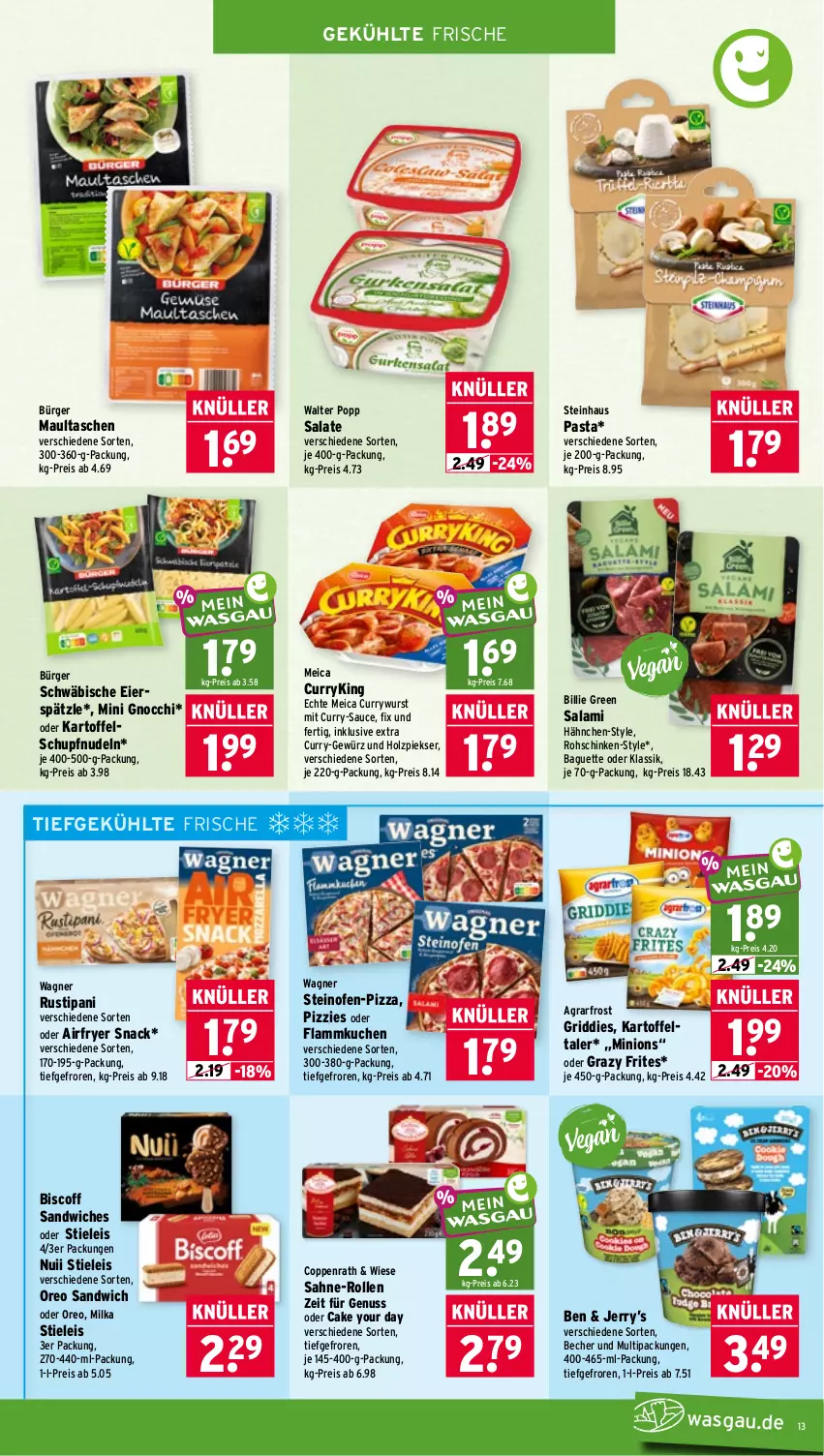 Aktueller Prospekt Wasgau - von 26.10 bis 31.10.2026 - strona 13 - produkty: agrarfrost, Airfryer, baguette, Becher, biscoff, coppenrath, curry, currywurst, eier, eierspätzle, eis, flammkuchen, gewürz, gnocchi, Griddies, Holz, kartoffel, kuchen, lamm, maultaschen, meica, milka, nudel, nudeln, nuii, nuss, Ofen, oreo, pasta, pizza, Popp, reis, rohschinken, rustipani, sahne, salami, salat, salate, sandwich, sauce, schinken, snack, steinhaus, steinofen, stieleis, Tasche, taschen, Ti, wagner, wurst, Yo