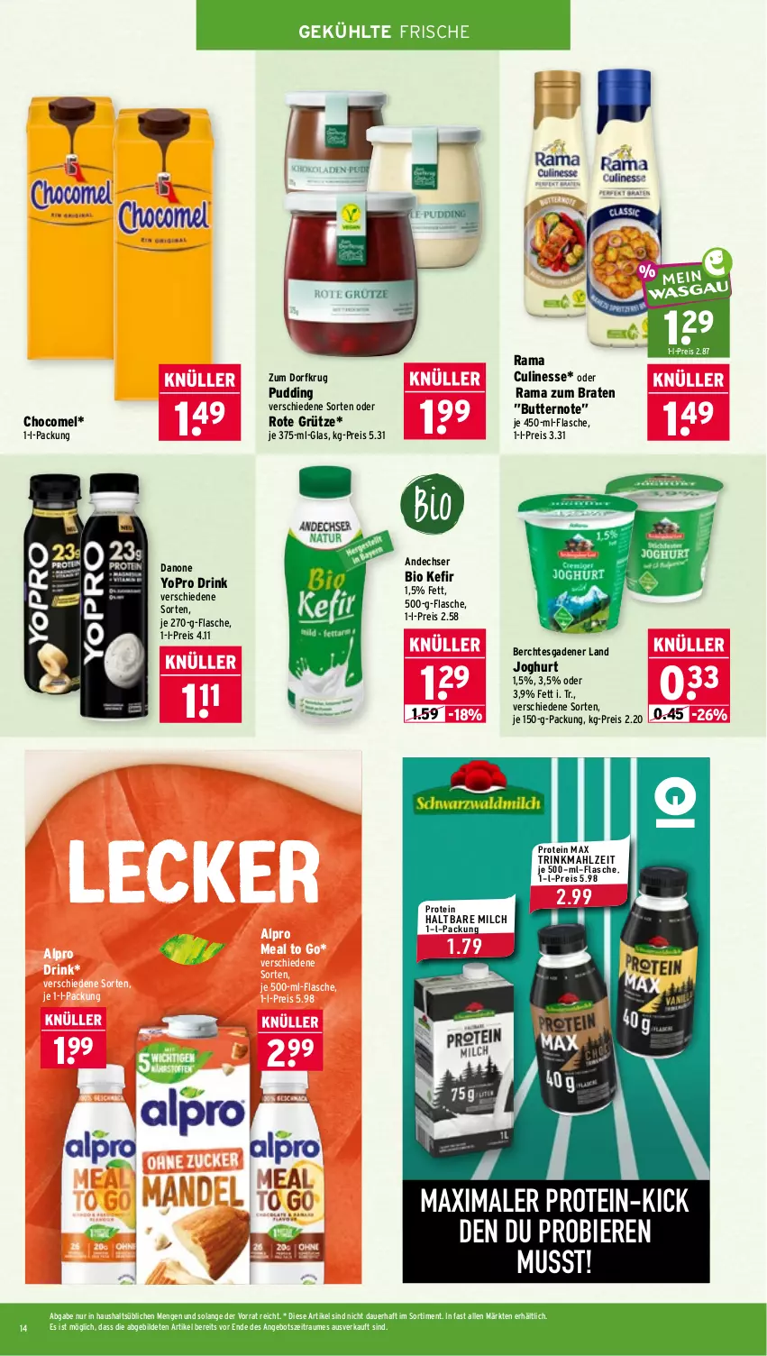 Aktueller Prospekt Wasgau - von 26.10 bis 31.10.2026 - strona 14 - produkty: alpro, angebot, auer, bier, Biere, bio, braten, butter, culinesse, danone, drink, eis, flasche, grütze, haltbare milch, je 500-ml-flasche, joghur, joghurt, Kefir, milch, pudding, rama, Rama Culinesse, reis, Rote Grütze, Ti, Yo, Zum Dorfkrug