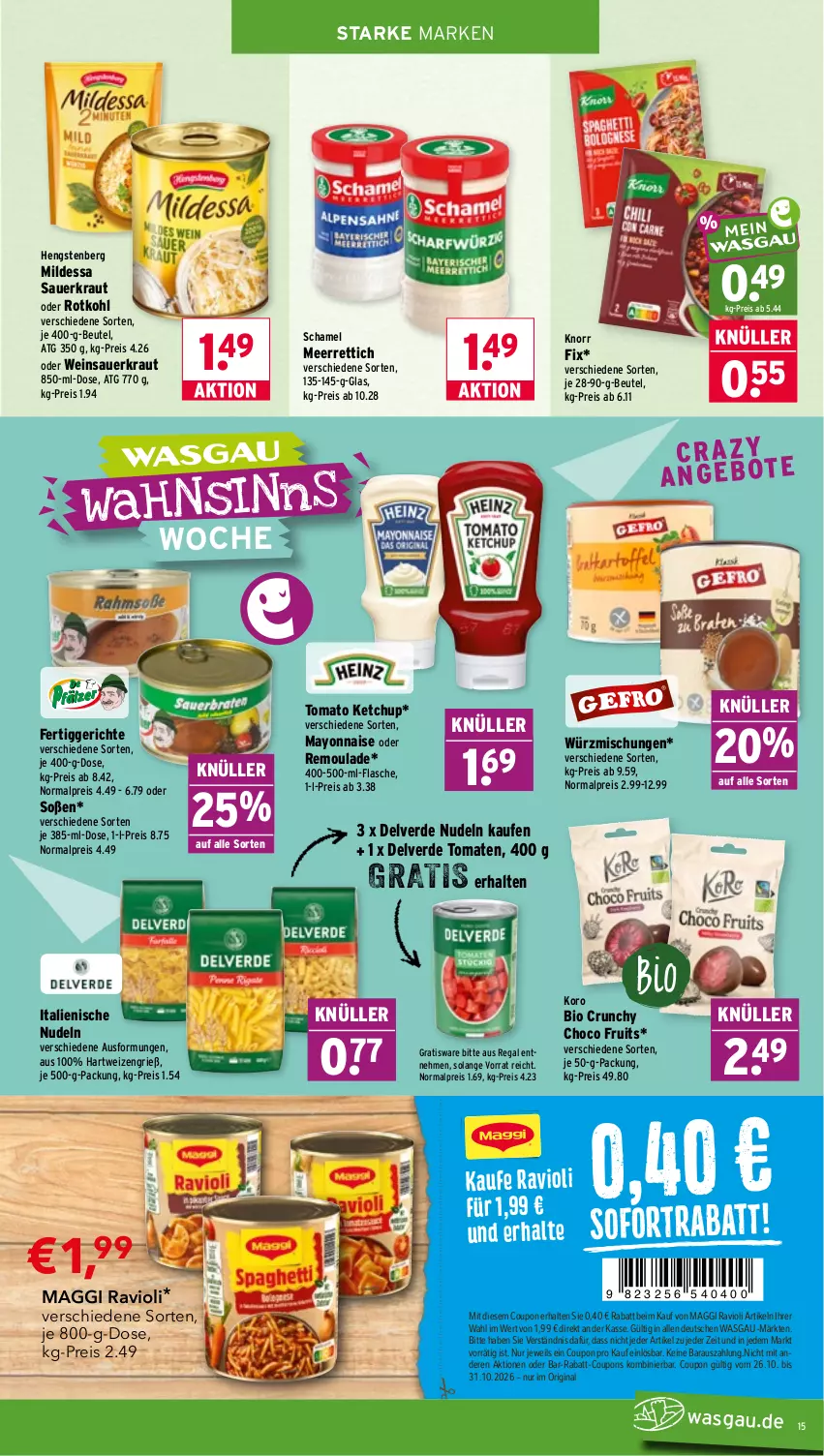 Aktueller Prospekt Wasgau - von 26.10 bis 31.10.2026 - strona 15 - produkty: auer, beutel, bio, coupon, coupons, eis, erde, fertiggericht, fertiggerichte, flasche, gin, hartweizen, hengstenberg, ketchup, knorr, knorr fix, Kraut, maggi, mayonnaise, meerrettich, nudel, nudeln, rabatt-coupon, ravioli, regal, reis, remoulade, Rettich, rotkohl, Sauerkraut, schamel, Soße, Ti, tomate, tomaten, tomato ketchup, wein, Weinsauerkraut, Yo