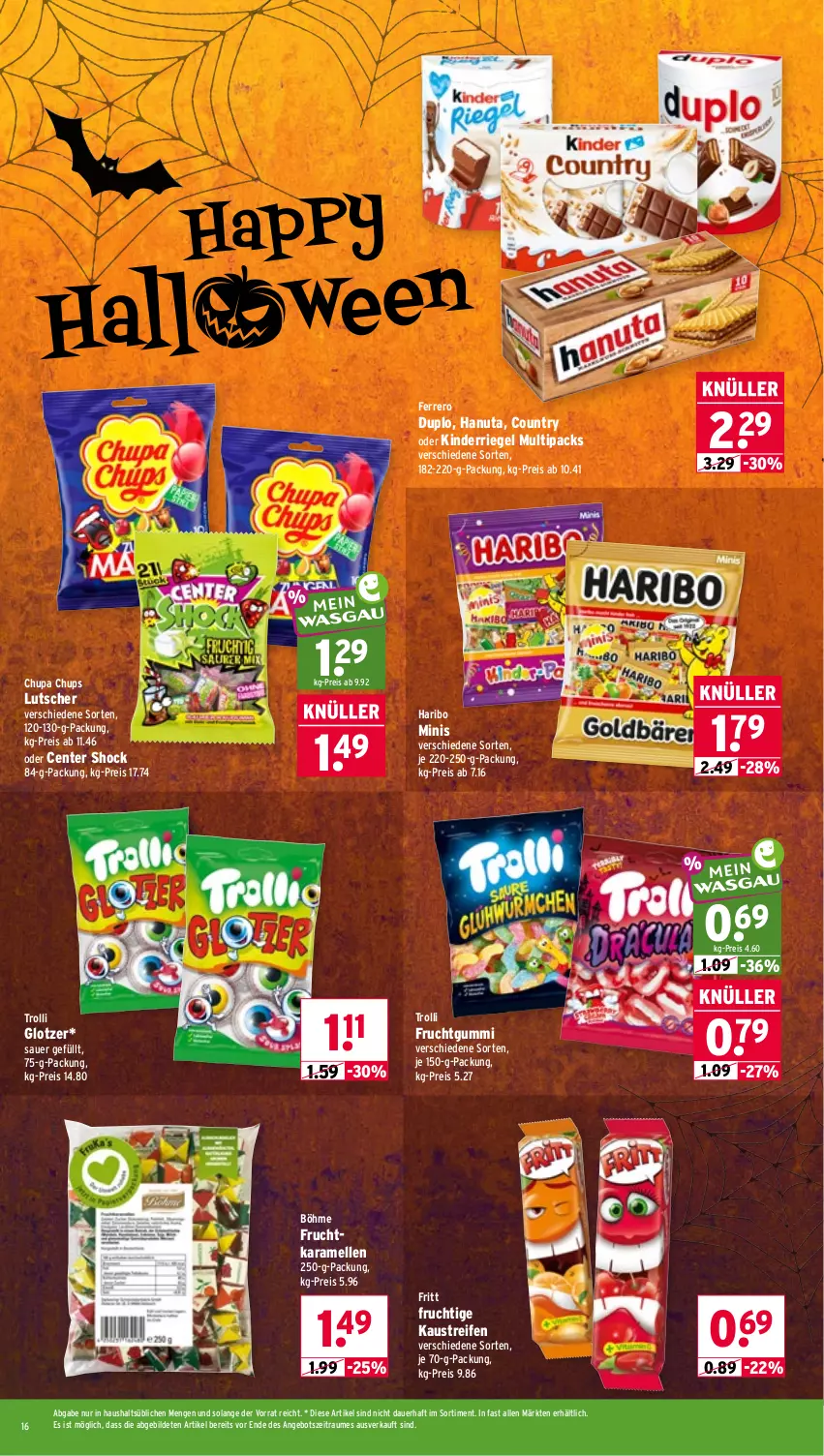 Aktueller Prospekt Wasgau - von 26.10 bis 31.10.2026 - strona 16 - produkty: angebot, auer, aust, chupa, chupa chups, duplo, eis, elle, ente, ferrero, frucht, fruchtgummi, hanuta, haribo, karamell, Kaustreifen, Kinder, Lutscher, reifen, reis, riegel, Ti, trolli, trolli fruchtgummi