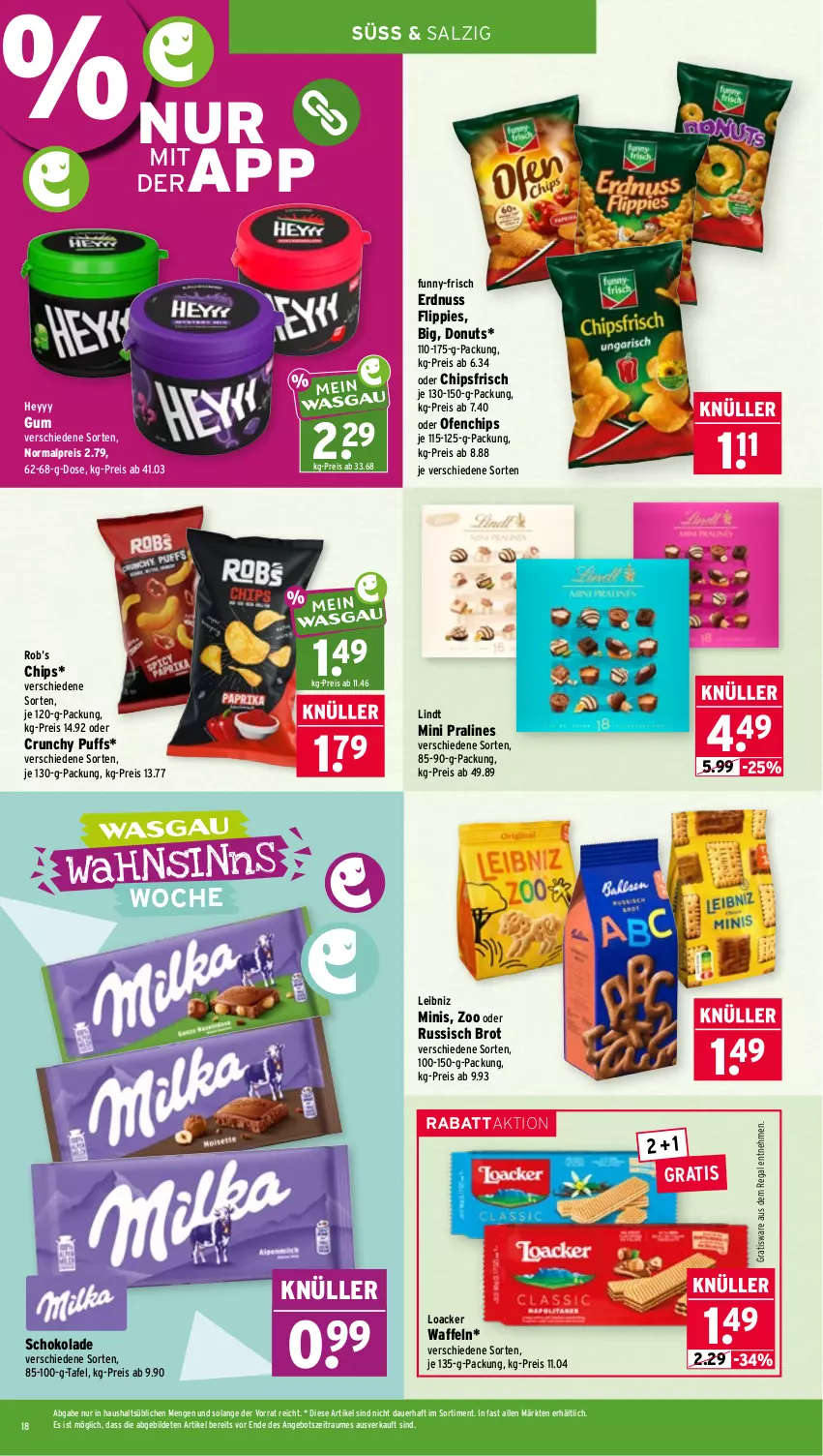 Aktueller Prospekt Wasgau - von 26.10 bis 31.10.2026 - strona 18 - produkty: angebot, auer, brot, chips, chipsfrisch, Donut, donuts, eis, erdnuss, flippies, funny-frisch, leibniz, lindt, nuss, Ofen, regal, reis, russisch brot, salz, schoko, schokolade, Ti, waffeln