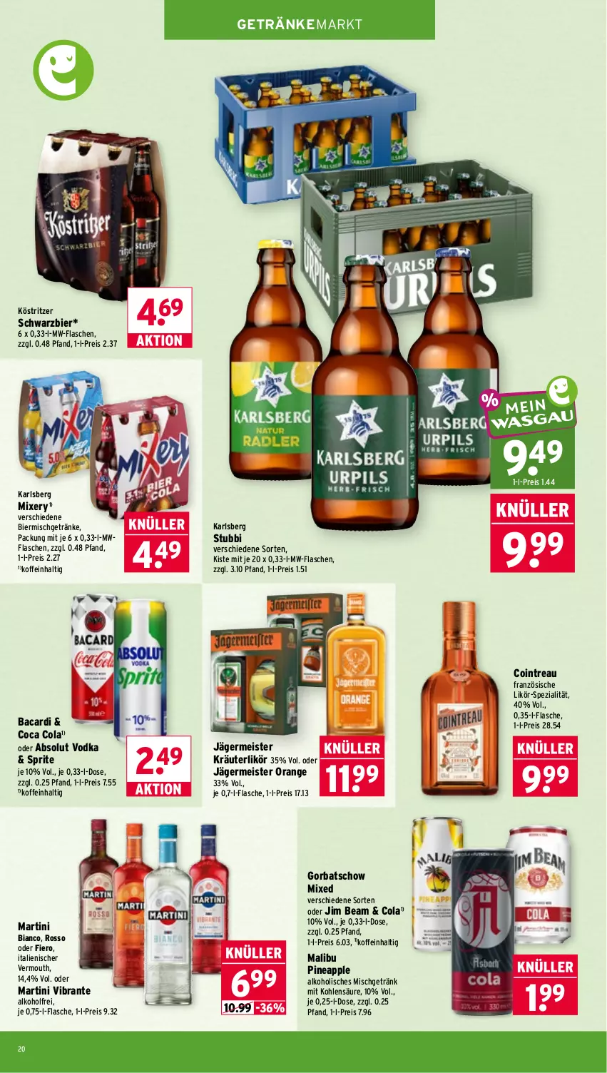 Aktueller Prospekt Wasgau - von 26.10 bis 31.10.2026 - strona 20 - produkty: Absolut Vodka, alkohol, Apple, bacardi, bier, cola, eis, flasche, Germ, getränk, getränke, Gorbatschow, jägermeister, jim beam, karlsberg, karlsberg mixery, köstritzer, kräuter, kräuterlikör, likör, Malibu, martini, Meister, Mixer, mixery, mw-flasche, orange, reis, Spezi, sprite, Ti, Vermouth, vodka