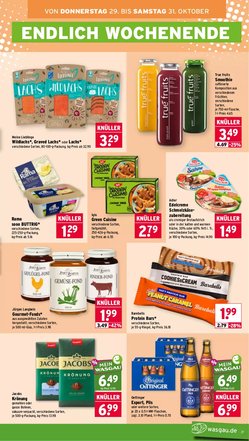 Aktueller Prospekt Wasgau - von 26.10 bis 31.10.2026 - strona 27 - produkty: aufstrich, bohne, bohnen, brot, brotaufstrich, creme, edelcreme, eis, flasche, früchte, früchten, Graved Lachs, iglo, jacobs, Käse, küche, lachs, mw-flasche, oettinger, pils, rama, rebell, reis, riegel, Schmelzkäse, schmelzkäsezubereitung, smoothie, Ti, true fruits, Wild, wildlachs
