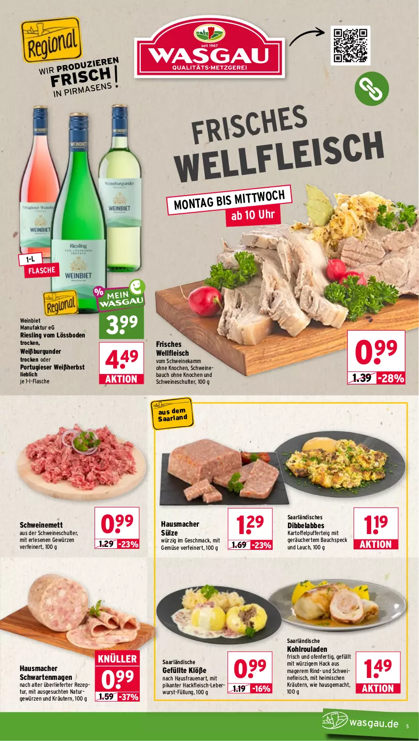 Aktueller Prospekt Wasgau - von 26.10 bis 31.10.2026 - strona 5 - produkty: arla, Bau, burgunder, eis, Faktu, flasche, fleisch, gewürz, hackfleisch, Hausmacher, kartoffel, kartoffelpuffer, Kohlrouladen, kräuter, kräutern, leberwurst, mac, Mett, mit gemüse, natur, Ofen, rezept, riesling, rind, rouladen, schwein, schweine, Schweinebauch, schweinefleisch, schweinemett, Speck, Ti, uhr, wein, weine, Weißburgunder, wurst