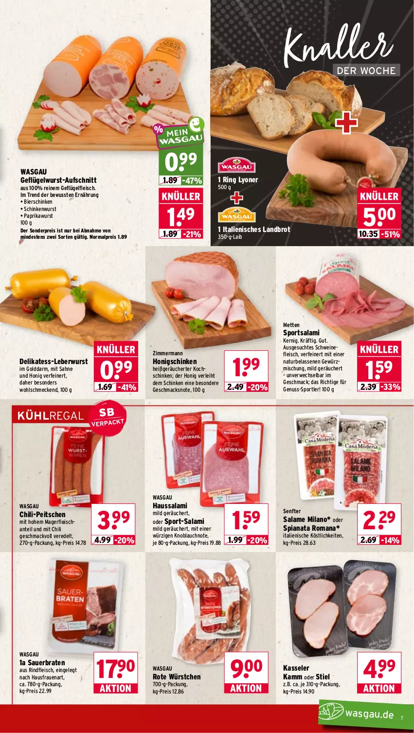 Aktueller Prospekt Wasgau - von 26.10 bis 31.10.2026 - strona 7 - produkty: auer, aufschnitt, bier, bierschinken, braten, brot, chili, eis, fleisch, Geflügel, gewürz, Gewürzmischung, Haussalami, honig, kasseler, knoblauch, kochschinken, kühlregal, leberwurst, lyoner, mac, Mett, metten, natur, nuss, paprika, regal, reis, rind, rindfleisch, ring, rwe, sahne, salami, schinken, schinkenwurst, schwein, schweine, schweinefleisch, senf, Sport, Ti, wein, weine, wurst, würstchen, Yo