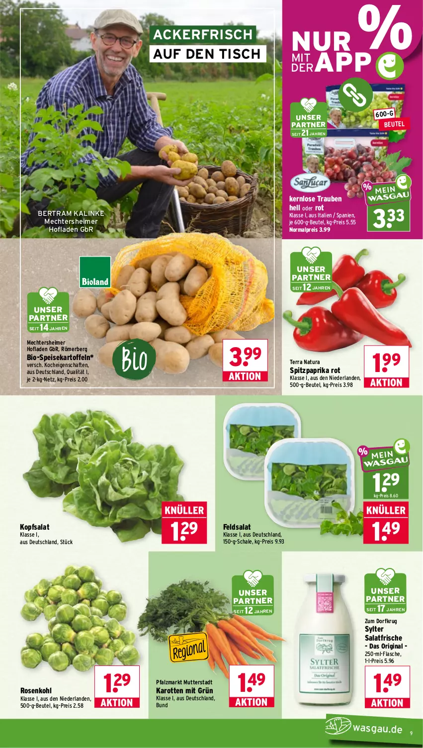 Aktueller Prospekt Wasgau - von 26.10 bis 31.10.2026 - strona 9 - produkty: beutel, bio, eimer, eis, feldsalat, flasche, gin, karotten, kartoffel, kartoffeln, kopfsalat, natur, natura, paprika, paprika rot, reis, rosen, Rosenkohl, salat, Schal, Schale, speisekartoffeln, Spitzpaprika, Sylter, Ti, tisch, trauben, Zum Dorfkrug