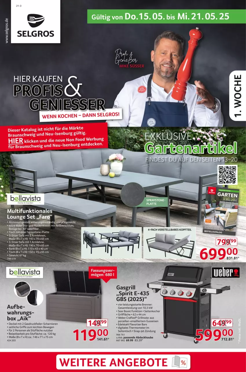 Aktueller Prospekt Selgros - Non Food - von 15.05 bis 21.05.2025 - strona 1 - produkty: abdeckhaube, angebot, angebote, armlehnen, Bank, bett, bier, braun, decke, Deckel, edelstahl, eis, elle, gasgrill, grill, grillfläche, grillrost, Kette, Kocher, latte, LG, Sofa, thermometer, Ti, tisch, weber