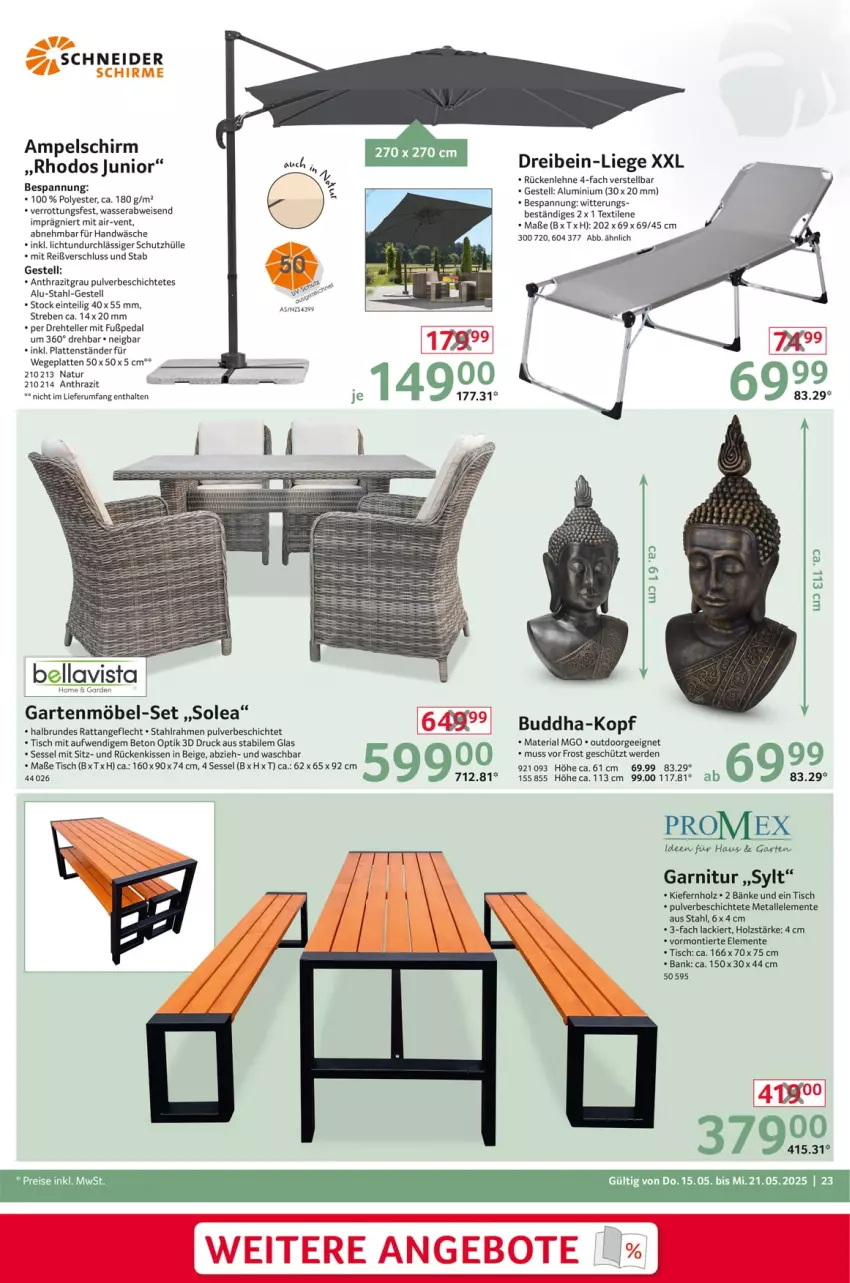 Aktueller Prospekt Selgros - Non Food - von 15.05 bis 21.05.2025 - strona 23 - produkty: ampelschirm, angebot, angebote, Bank, Buddha, eis, elle, ente, erde, garnitur, Garten, gartenmöbel, Holz, kissen, lack, latte, Liege, möbel, natur, reis, Ria, Rückenkissen, rückenlehne, rum, schirme, schutzhülle, sessel, teller, Ti, tisch, wasser