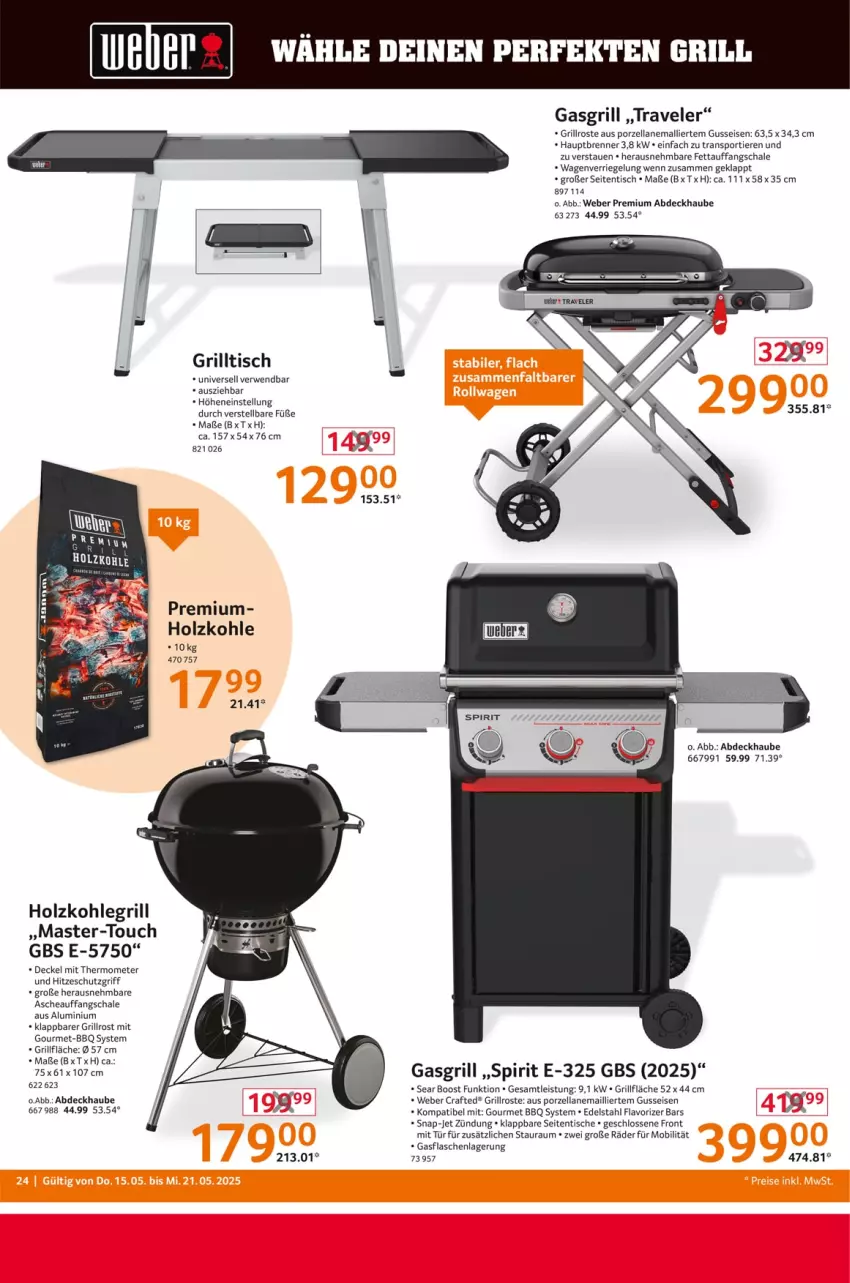 Aktueller Prospekt Selgros - Non Food - von 15.05 bis 21.05.2025 - strona 24 - produkty: abdeckhaube, decke, Deckel, edelstahl, eis, flasche, gasflaschen, gasgrill, grill, grillfläche, grillrost, Holz, holzkohle, holzkohlegrill, Kohlegrill, mit thermometer, riegel, rwe, Schal, Schale, Sport, thermometer, Ti, Tiere, tisch, weber