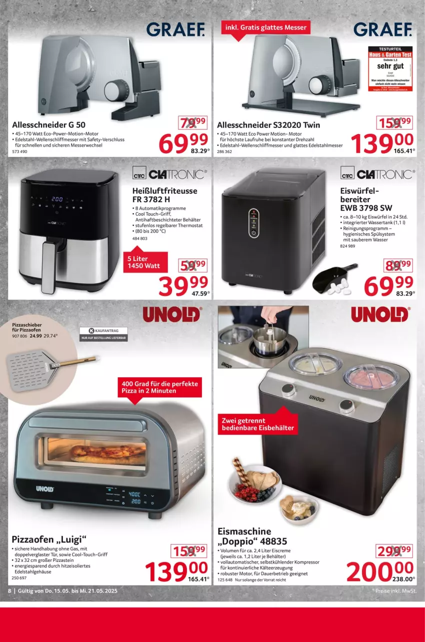 Aktueller Prospekt Selgros - Non Food - von 15.05 bis 21.05.2025 - strona 8 - produkty: auer, auto, Behälter, creme, edelstahl, edelstahlmesser, eis, eiscreme, eismaschine, eiswürfel, elle, kompressor, latte, LG, messer, Ofen, pizza, Pizzaofen, Reinigung, rwe, tee, thermostat, Ti, tisch, wasser, wassertank, würfel