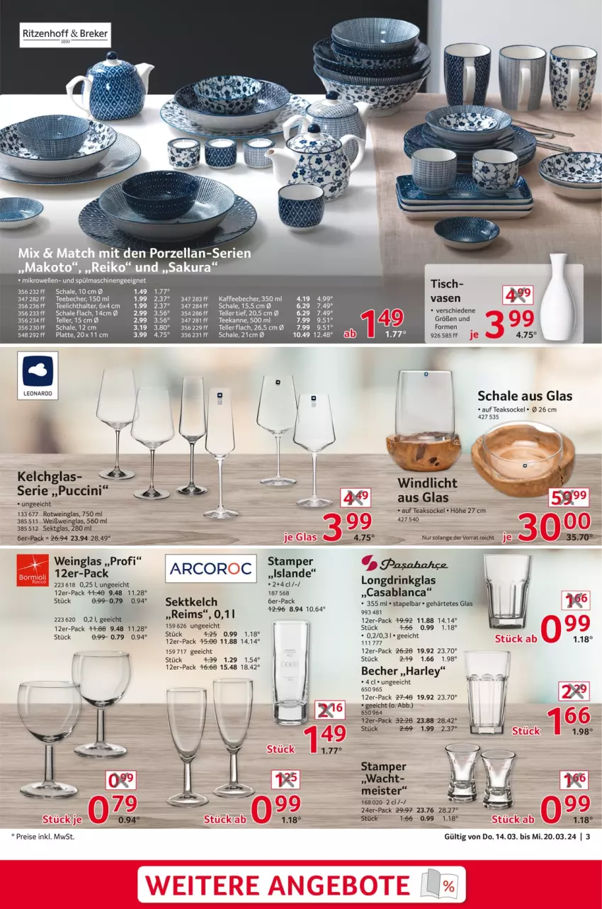 Aktueller Prospekt Selgros - Non Food - von 14.03 bis 20.03.2024 - strona 3 - produkty: Becher, cin, drink, eis, elle, kaffee, kaffeebecher, latte, leonardo, Meister, mikrowelle, reis, rotwein, Schal, Schale, sekt, spülmaschinen, tee, teekanne, Teelicht, teelichthalter, teller, Ti, tisch, Vase, wein, Weißwein, Weißweinglas, windlicht