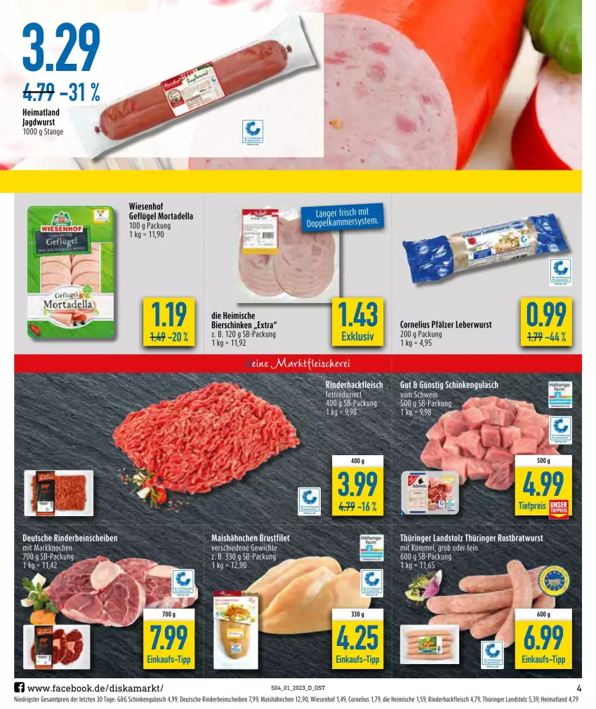 Aktueller Prospekt Diska - Prospekte - von 02.01 bis 07.01.2023 - strona 4 - produkty: bier, bierschinken, bratwurst, brustfilet, dell, eis, ente, filet, fleisch, Geflügel, gulasch, hackfleisch, jagdwurst, leberwurst, LG, mais, mortadella, reis, rind, rinder, rinderhackfleisch, ring, rostbratwurst, schinken, thüringer rostbratwurst, Ti, tiefpreis, wiesenhof, wurst, ZTE