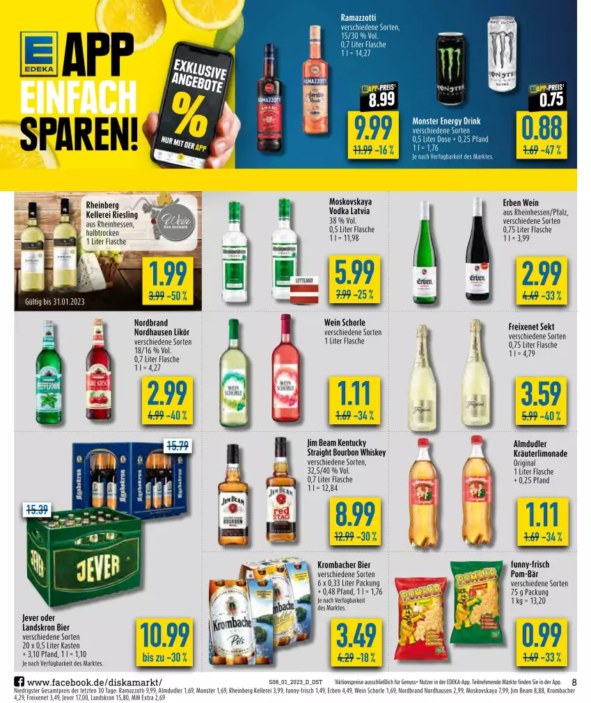 Aktueller Prospekt Diska - Prospekte - von 02.01 bis 07.01.2023 - strona 8 - produkty: aktionspreis, almdudler, bier, bourbon, bourbon whiskey, deka, drink, eis, elle, energy drink, ente, flasche, freixenet, funny-frisch, gin, jever, jim beam, kräuter, krombache, krombacher, likör, limo, limonade, mm extra, monster, Monster Energy, moskovskaya, nordbrand, nuss, pom-bär, rama, ramazzott, ramazzotti, reis, riesling, schorle, tee, Ti, tuc, vodka, wein, whiskey, zott, ZTE