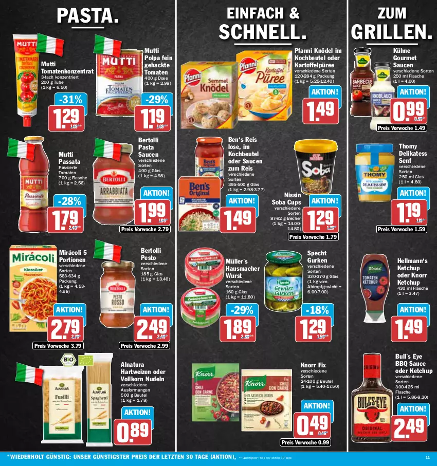 Aktueller Prospekt Aez - Prospekte - von 26.06 bis 01.07.2023 - strona 11 - produkty: Becher, bertolli, beutel, delikatess senf, eis, flasche, grill, gurke, gurken, hartweizen, Hausmacher, kartoffel, Kartoffelpüree, ketchup, Knödel, knorr, knorr fix, kochbeutel, korn, Kühne, mac, Mirácoli, Müller, Mutti, natur, natura, Nissin, nudel, nudeln, pasta, Pasta Sauce, pesto, pfanni, püree, reis, sauce, saucen, senf, specht, thomy, Ti, tomate, tomaten, wurst, ZTE