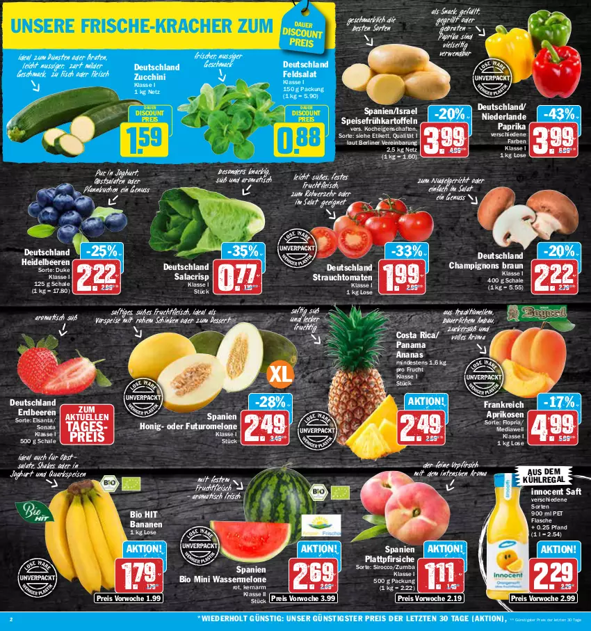 Aktueller Prospekt Aez - Prospekte - von 26.06 bis 01.07.2023 - strona 2 - produkty: ananas, aprikose, aprikosen, auer, aus dem kühlregal, banane, bananen, Bau, beere, beeren, berliner, bio, bio hit, braten, braun, champignon, champignons, champignons braun, dessert, discount, eis, elle, erdbeere, erdbeeren, feldsalat, fisch, flasche, fleisch, frucht, fruchtfleisch, Frühkartoffeln, grill, heidelbeere, heidelbeeren, honig, Innocent, joghur, joghurt, kartoffel, kartoffeln, kracher, kuchen, kühlregal, LG, mac, melone, nudel, Nudelgericht, nuss, obst, paprika, Pfannkuchen, pfirsich, pfirsiche, plattpfirsiche, quark, Rauch, regal, reis, Ria, rwe, saft, salat, salate, Schal, Schale, schinken, shake, snack, speisefrühkartoffeln, strauchtomaten, Ti, tisch, tomate, tomaten, vorspeise, wasser, wassermelone, ZTE, zucchini, zucker