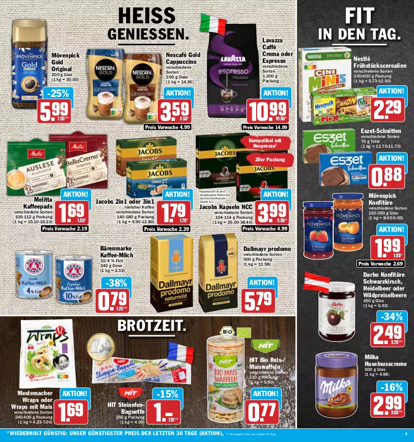 Aktueller Prospekt Aez - Prospekte - von 26.06 bis 01.07.2023 - strona 9 - produkty: baguette, bärenmarke, beere, bio, brot, caffè crema, Cap, cappuccino, cerealien, cin, creme, dallmayr, dallmayr prodomo, darbo, eis, espresso, gin, haselnuss, Haselnusscreme, jacobs, kaffee, kaffeepads, kirsch, konfitüre, lavazza, löslicher kaffee, mac, mais, Maiswaffeln, melitta, mestemacher, milch, milka, mövenpick, Nescafé, nescafé gold, nespresso, nestlé, nuss, oder espresso, Ofen, prodomo, reis, schnitten, steinofen, Ti, waffeln, Wild, wrap, wraps, ZTE